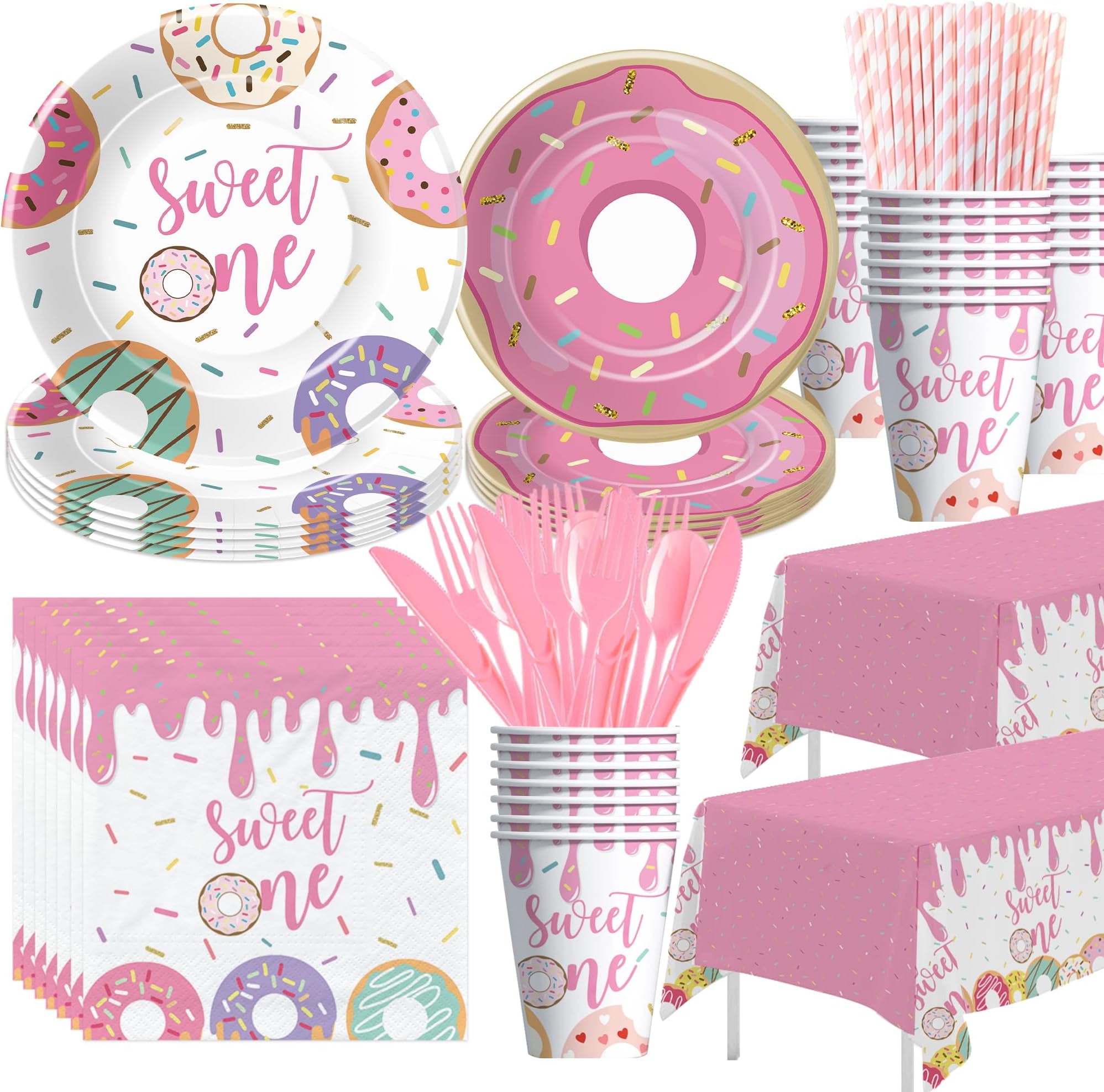 Xigejob Donut Sweet One Birthday Party Decorations Tableware For Girls First - Pink Donut 1st Birthday Party Supplies, Plate, Cup, Napkin, Cutlery, Tablecloth | Serves 24