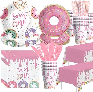 Xigejob Donut Sweet One Birthday Party Decorations Tableware For Girls First - Pink Donut 1st Birthday Party Supplies, Plate, Cup, Napkin, Cutlery, Tablecloth | Serves 24
