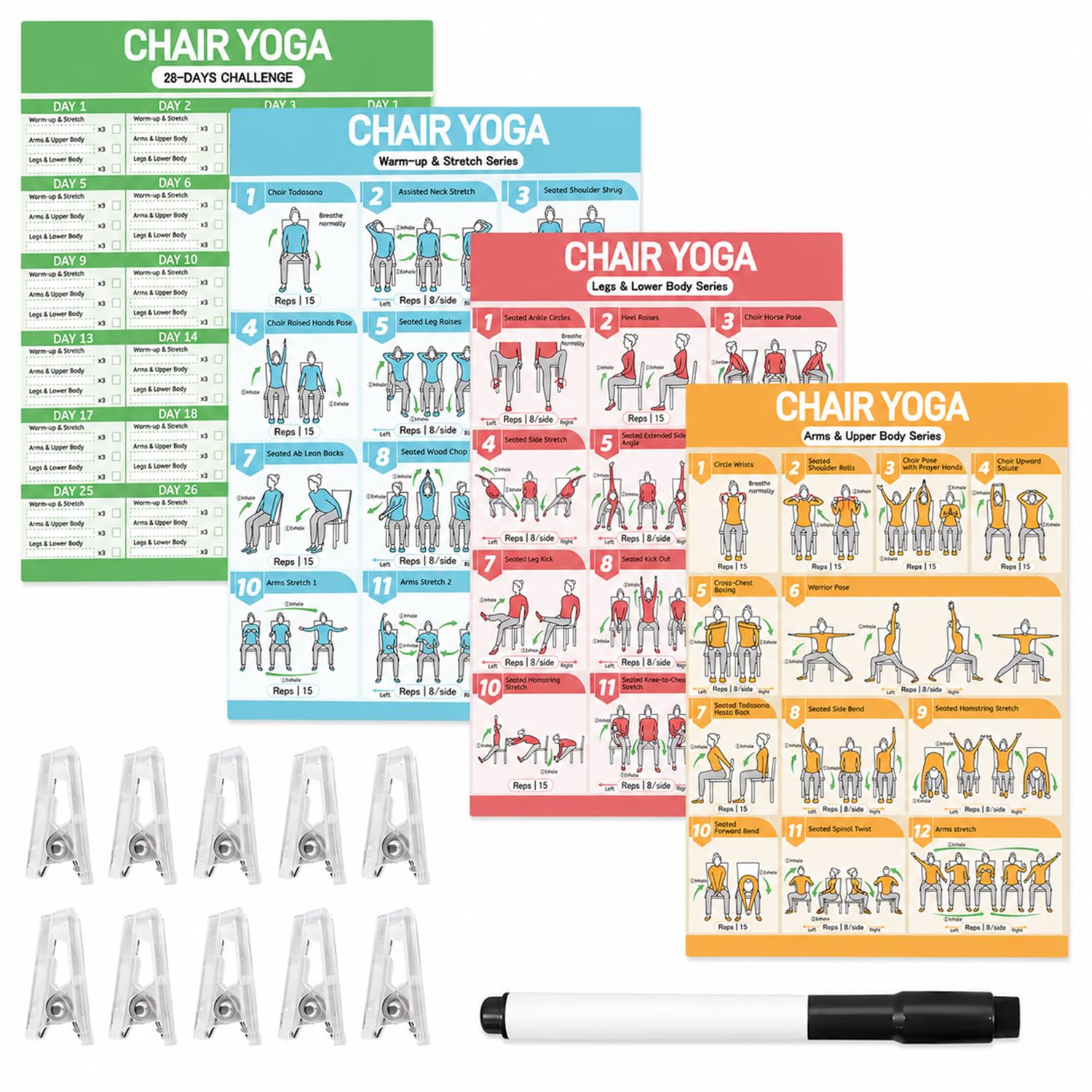 4-Pack Chair Yoga Poster Set for Seniors & Beginners-3 Illustrated Guides,1 28-Day Challenges, 36 Poses Wall Chart Includes Postures, Instructions & Breathing Tips for Weight Loss, Home, Office Gym