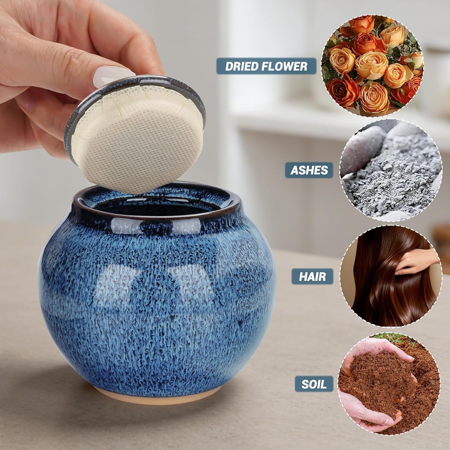 abooxiu Small Urns for Human Ashes Keepsake 3.93 Inch Mini Urn for Ashes Handcrafted Blue Glaze Ceramic Cremation Urn for Adult Female Male, Decorative Memorial Funeral Burial Urns for Home Display
