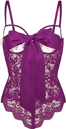 Women Teddy Lingerie Floral Lace Bodysuit Bow Front One Piece Babydoll Mini Bodysuit S-XXL
