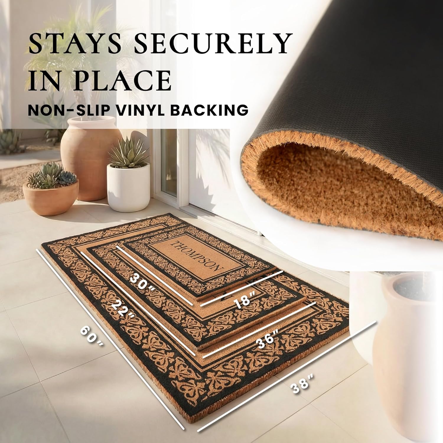 COCO MATS 'N MORE Coco Coir Door Mat – Personalized Outdoor Welcome Mat, Front Porch Mat with Vinyl Backing & Heavy-Duty Dirt-Trapping Bristles, (22" x 36" | Black | Blooming Hearts | Made in USA)