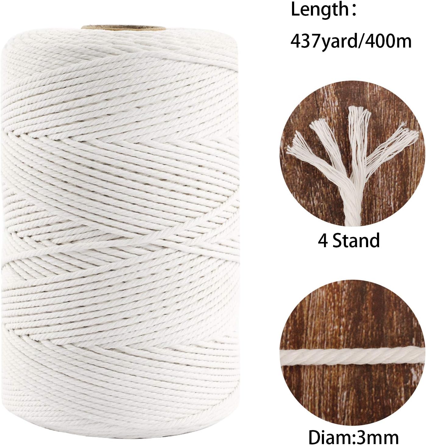 QUEFE Macrame Cord 3mm x 437 Yard, Natural 4 Strand Cotton Macrame Rope for Wall Hanging, Plant Hangers, Knitting, Decorative Projects