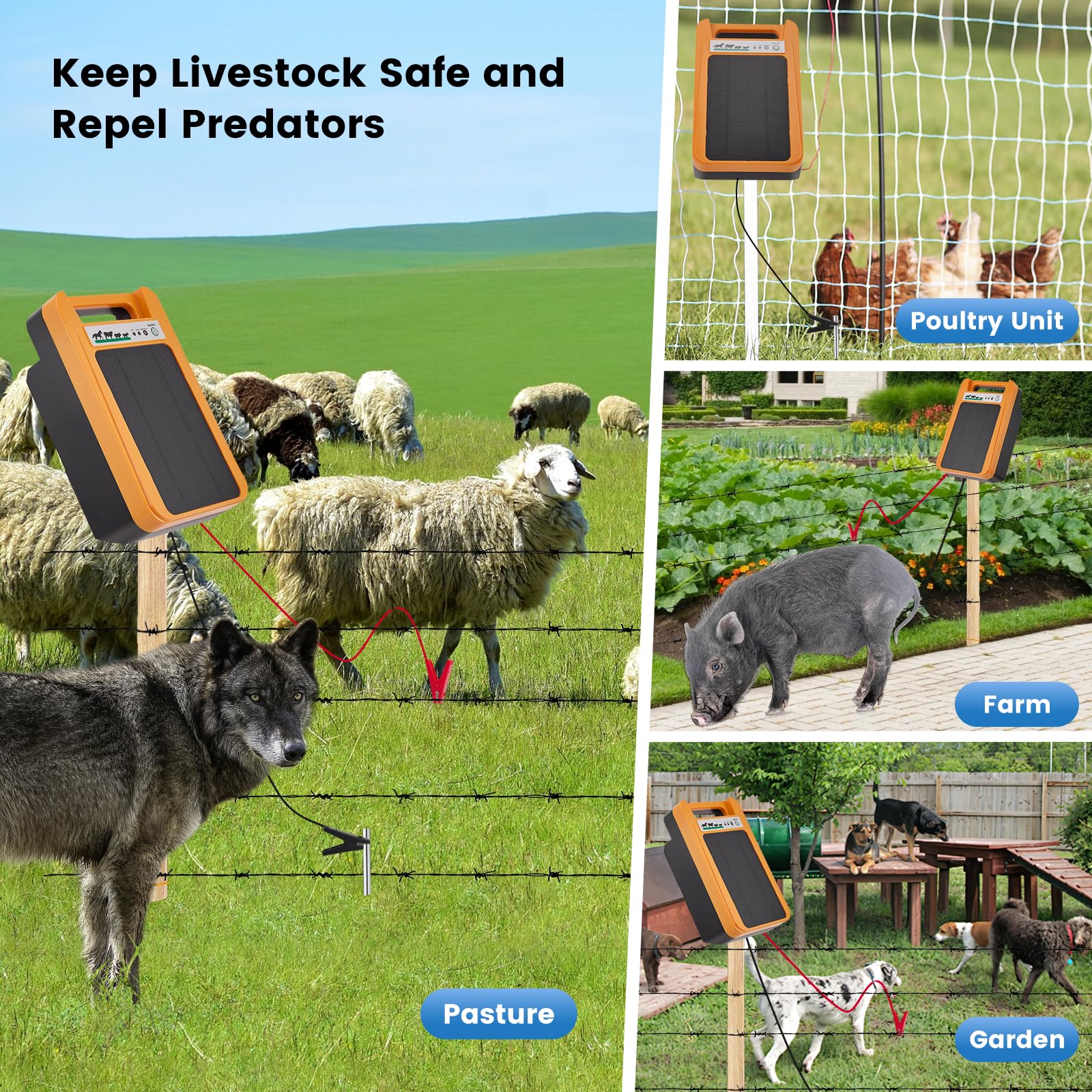 Elettrificatore per recinzioni elettriche con portata di 10 km, potenza di uscita di 1,5-2 J per bestiame e animali domestici, alimentazione trivalente (230 V/12 V/solare), impermeabile IP45