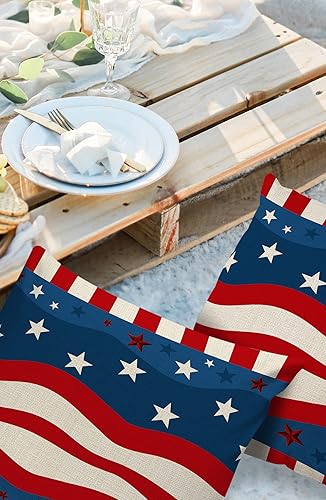 Miniatura 2 de Funda de almohada impermeable para el Día de la Independencia para exteriores, diseño de estrella en ondas rojas y azules, fundas de cojín