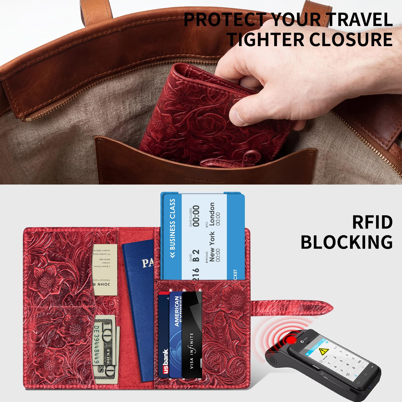 Schlanke RFID-blockierende Reisepasshülle aus Leder für Damen und Herren, Rot/Ausflug, einfarbig (Getaway Solids), Universal type, Smple