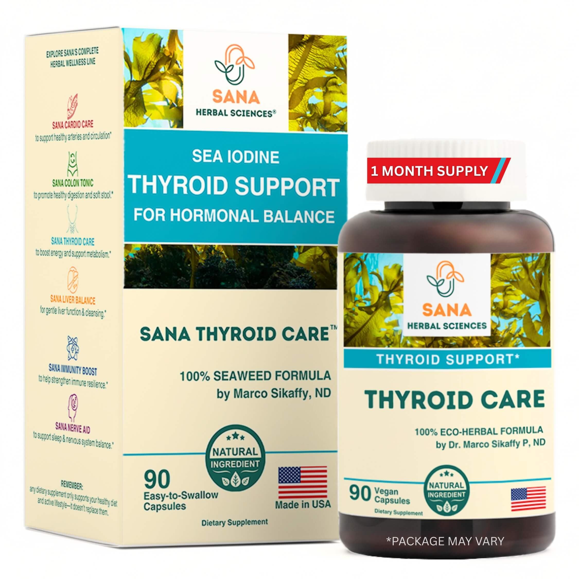 Organic Seaweed Thyroid Support – 210 mcg Natural Iodine from Kelp, Dulse & Bladderwrack – Hypothyroidism, Hormone Balance & Metabolism Aid – 90 Capsules – by Sana Herbal and Dr. Marco Sikaffy