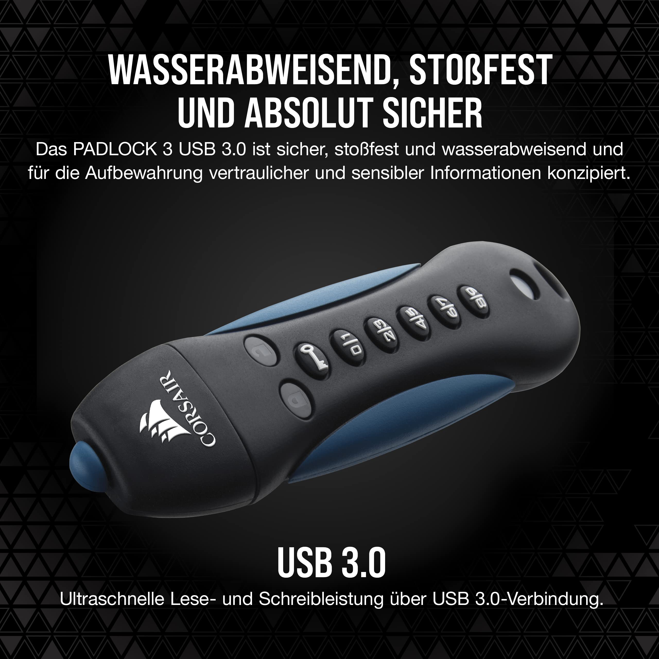 Corsair Flash Padlock 3 64GB Secure verschlüsselter USB-Flash-Laufwerk USB 3.0, schwarz/blau CMFPLA3B-64GB