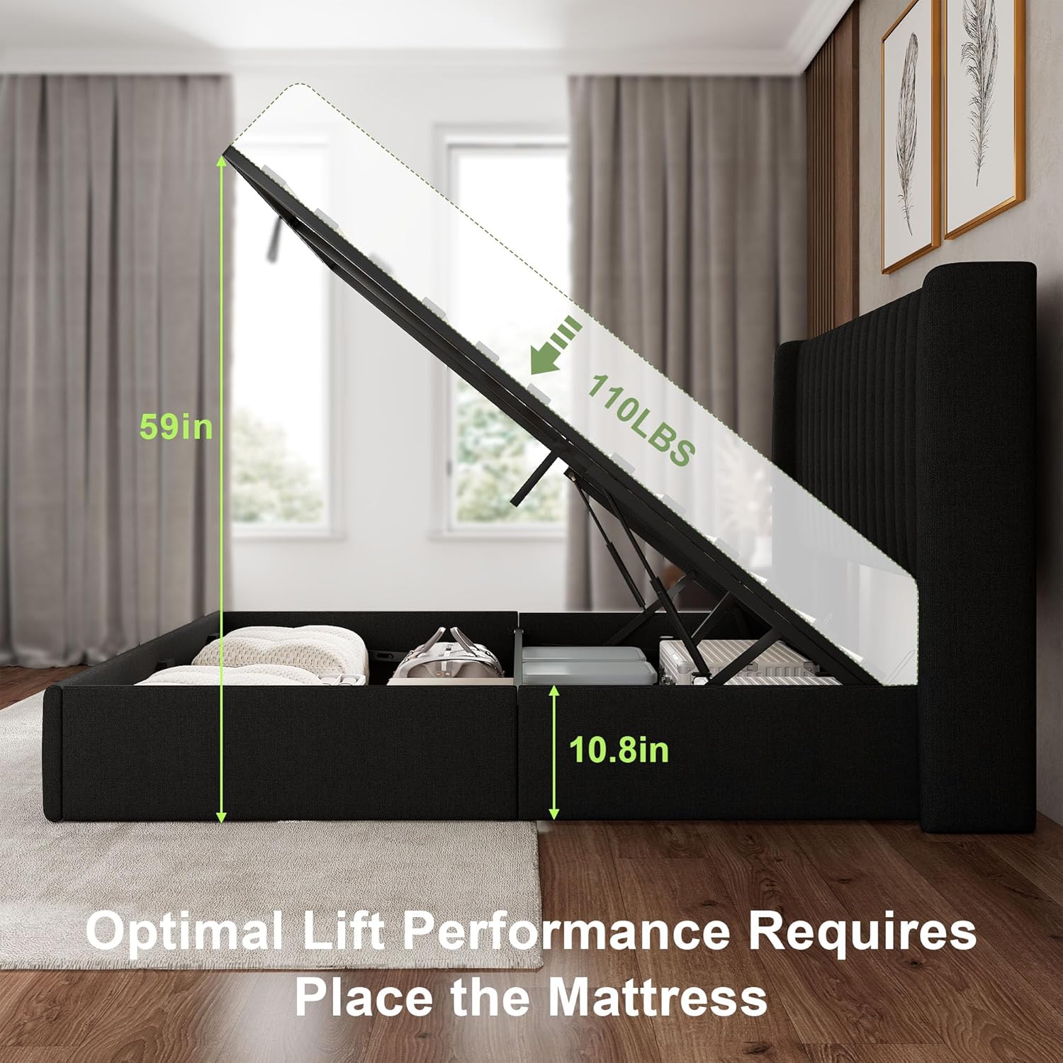 Feonase lift up storage bed frame full view in a styled bedroom with linen upholstery