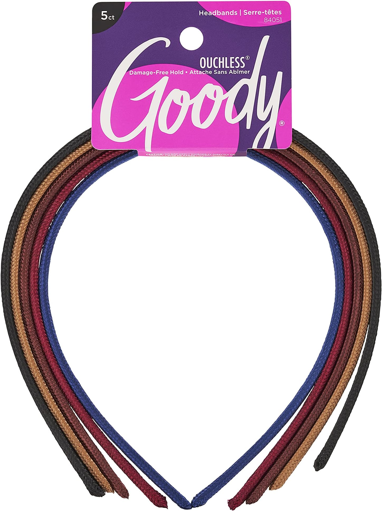 Goody Ouchless Shoestring Headbands, 5 Ct, Assorted Colors, Stylish & Lightweight Thin, Damage-Free Fabric Headbands for Women & Men, All-Day Comfort, For All Occasions, All Hair Types