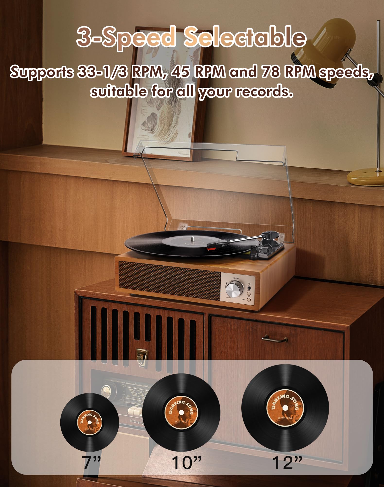 Gramofon winylowy Bluetooth 5.4 z wbudowanymi głośnikami, Vintage gramofon z funkcją nagrywania USB, wyjście RCA/AUX/USB/słuchawki, odtwarzacz winylowy 33/45/78 RPM do domu i prezentów