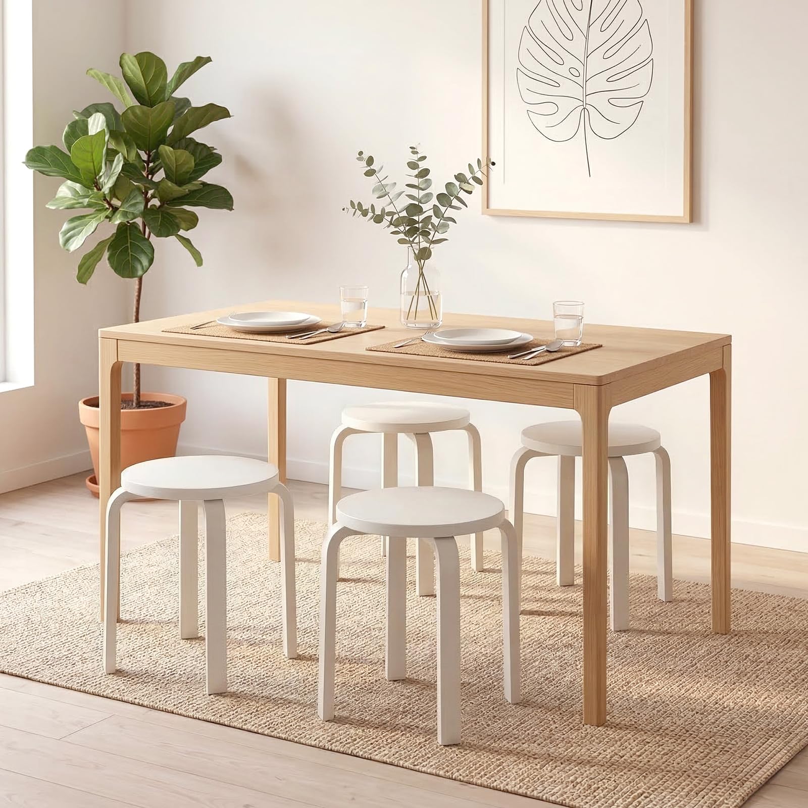 4er Set Holz Esszimmerhocker, Stapelbare Sitzhocker aus Massivholz mit Rutschfesten Pads, Robuste Küchenstühle für Esszimmer, Bar, Klassenzimmer und Home-Bereich (Weiß)