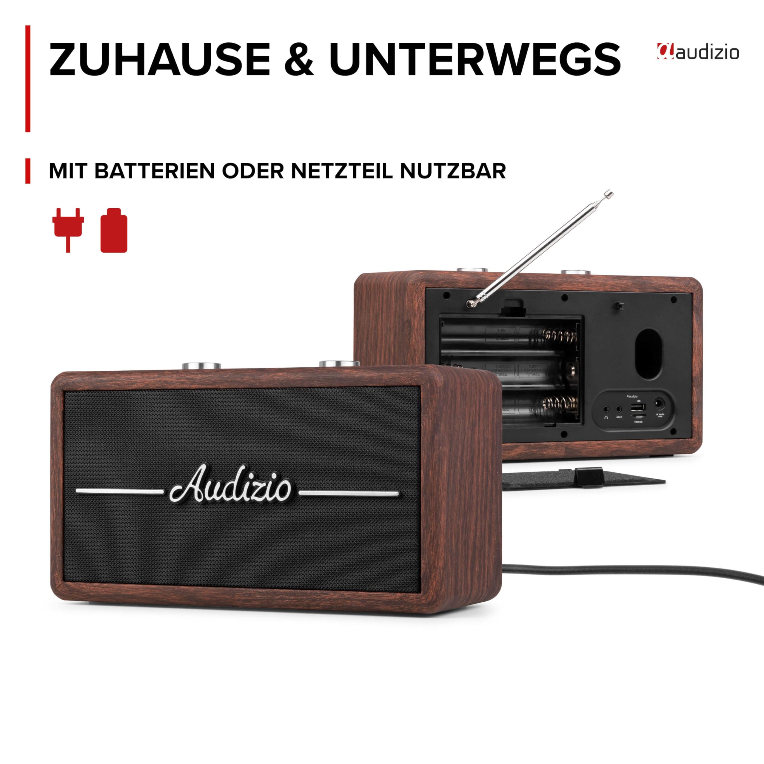 Audizio Tune60 - DAB Radio mit Bluetooth Lautsprecher, Fernbedienung, FM, 40 Watt, Batterie- Netzbetrieb, LCD, 20 Speicherplätze, USB/TF, AUX, Wecker, Leder Vintage DAB+ Radio - Dunkelbraun