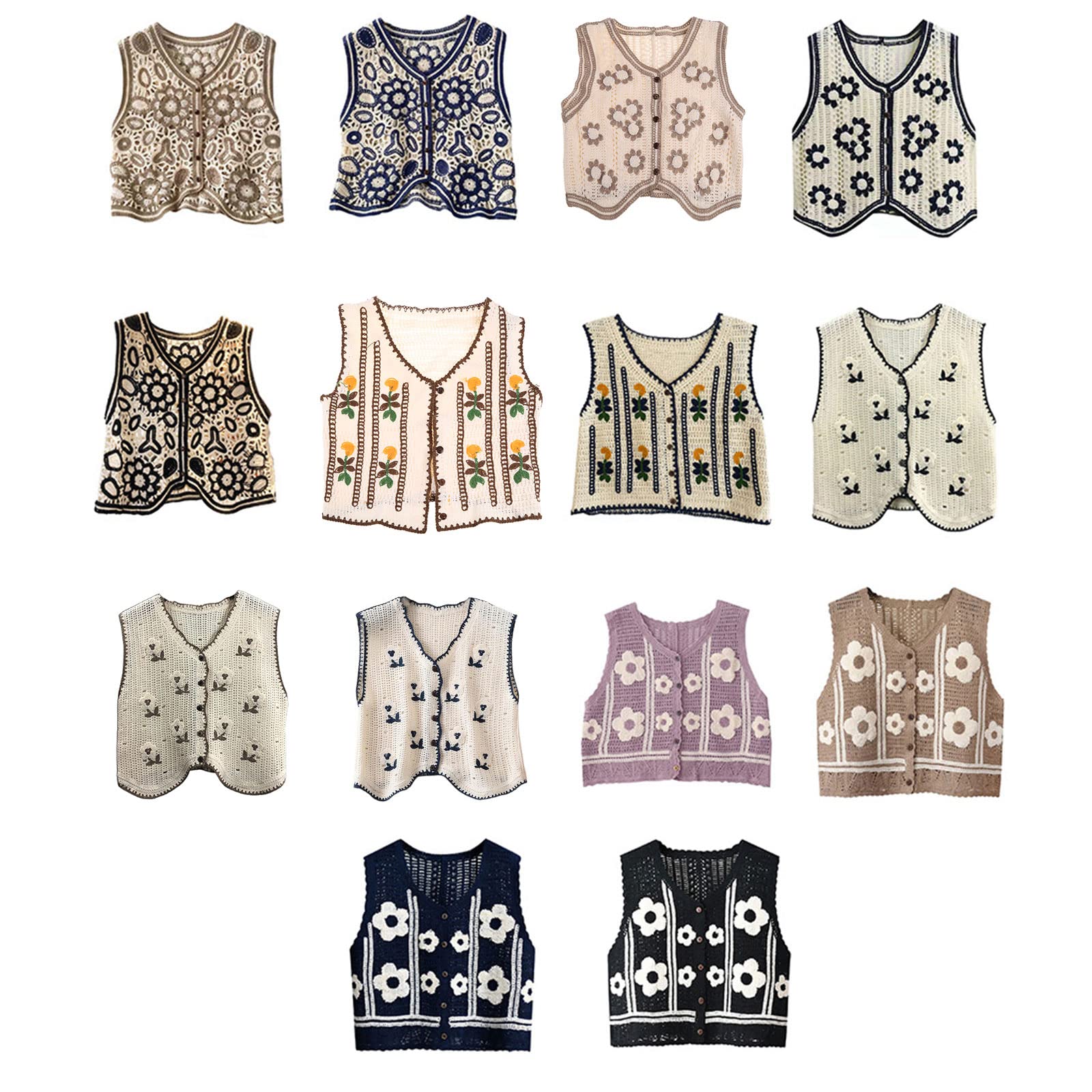 Maxtonser Boho Women Crochet Knit Vest Waistcoat Floral Pattern Sleeveless V-Neck Cardigan,Women Waistcoat