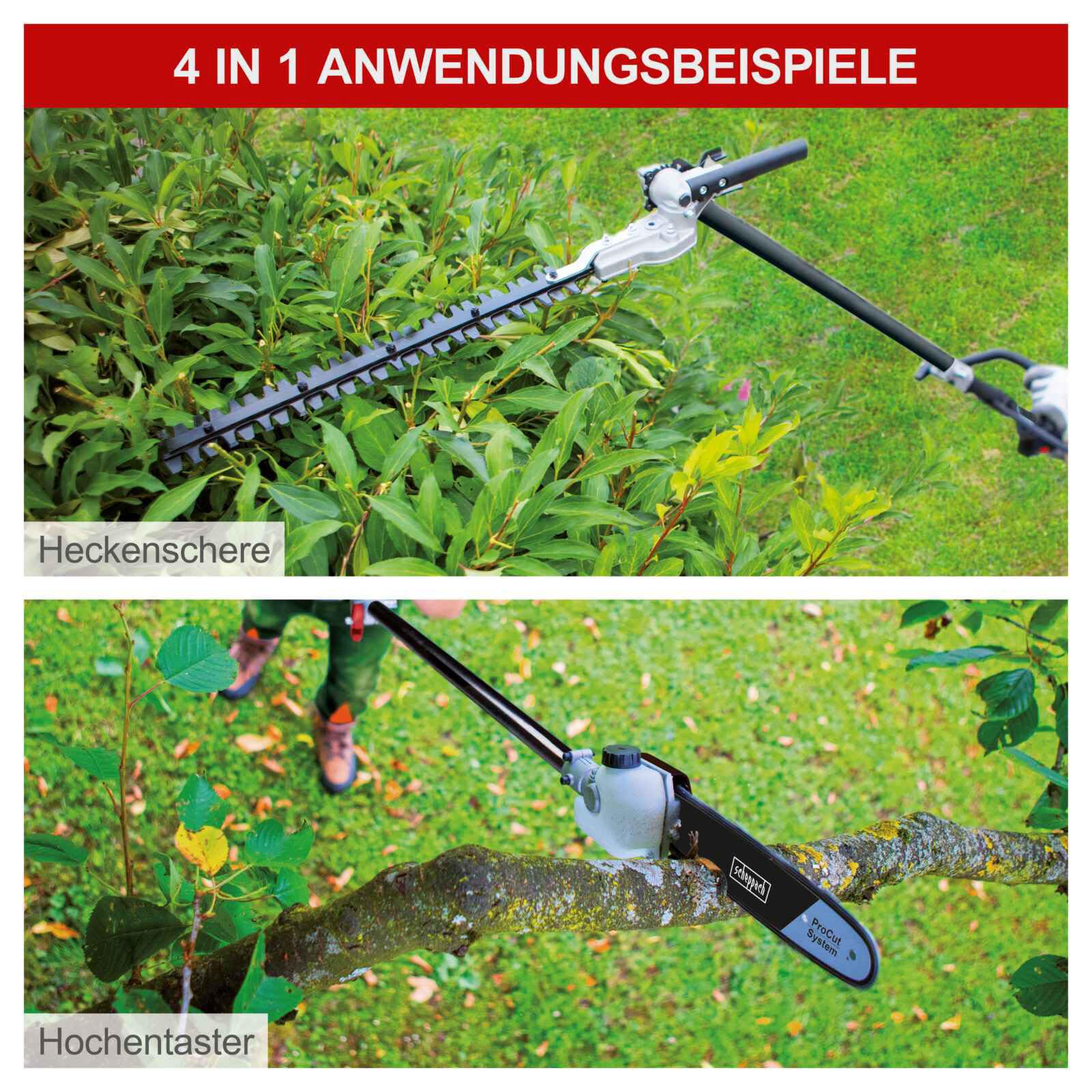 Scheppach Benzin Multifunktionsgerät MFH5300-4BP Multigartengerät | 4in1 Motorsense, Rasentrimmer, Heckenschere, Hochentaster | 2-Takt Motor / 51,7 cm³ | 1300W - 1,8 PS Leistung