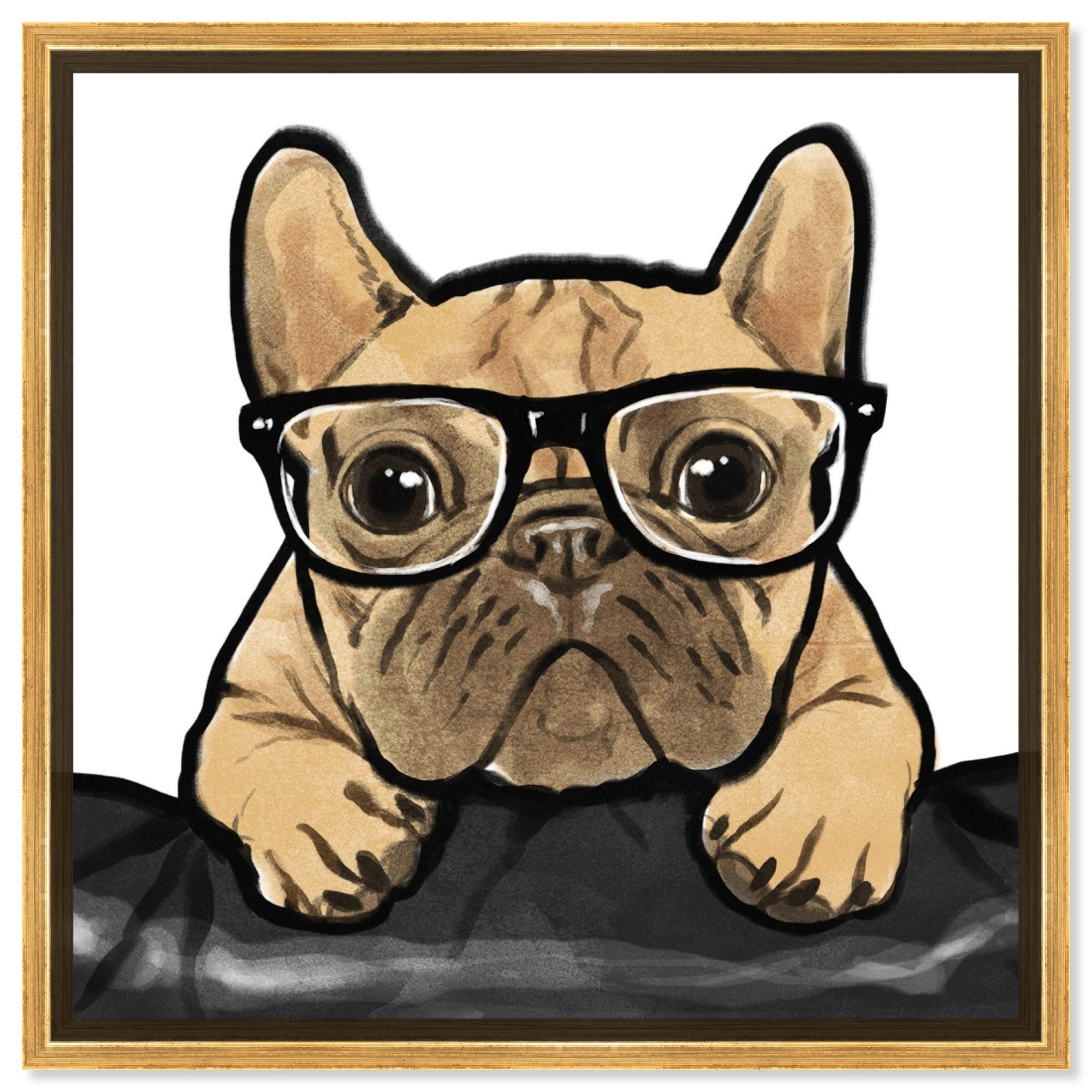 The Oliver Gal Artist Co. Animals Framed Wall Art Canvas Prints 'Nerdy Frenchman' Dogs and Puppies Home Décor, 24" x 24", Brown, Black