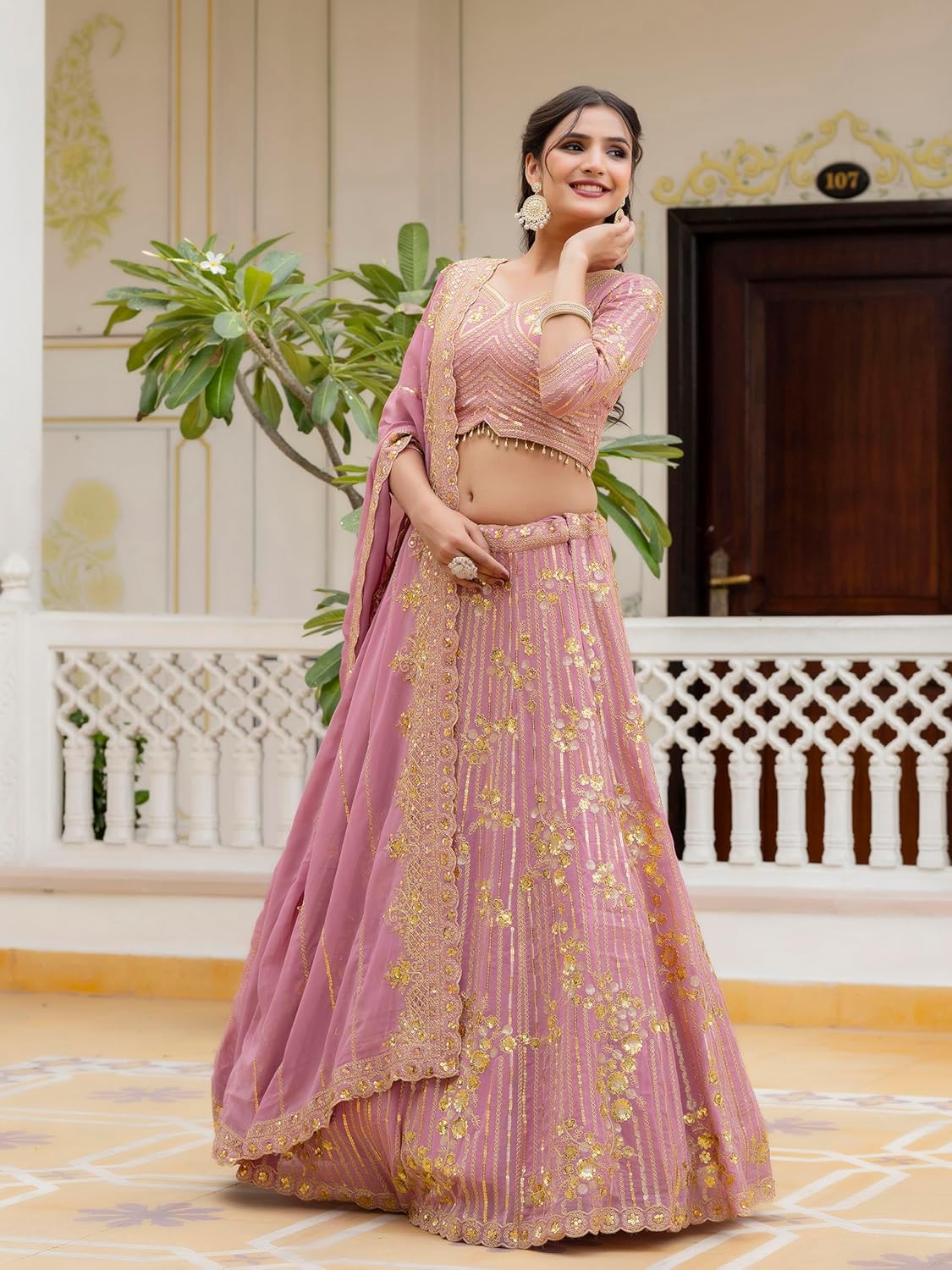 TRENDMALLS Women's Georgette Sequin Embroidery Lehenga Choli Dupatta Set Ready To Wear