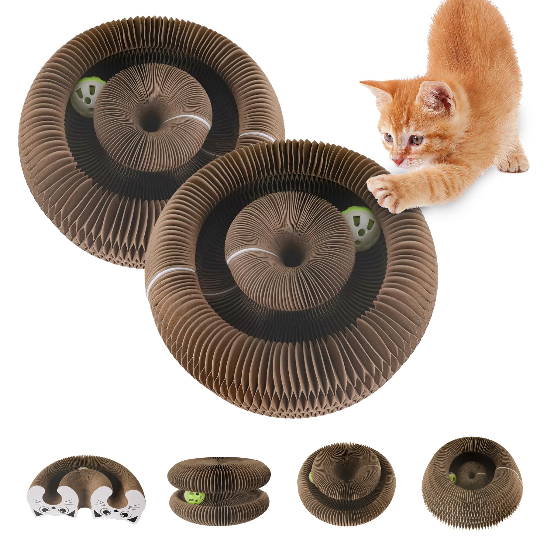 Jouet interactif en accordéon pour chat pliable en carton ondulé avec balle