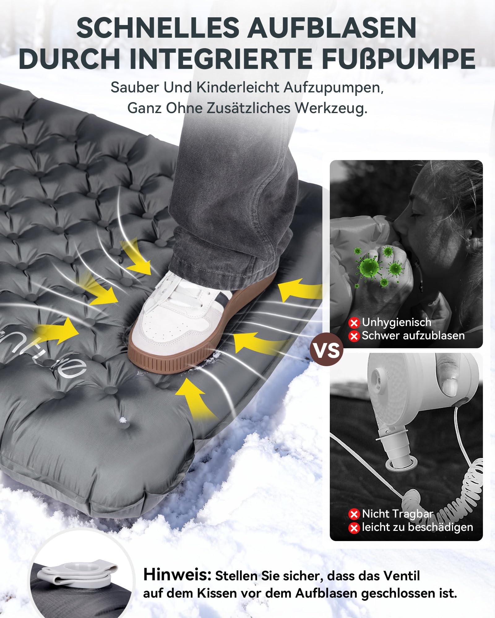 HIKENTURE Isomatte Camping R Value 7,3 z pompką nożną, 10 cm, bardzo gruba izolująca mata do leżenia 210 x 64 cm, ciepła mata do spania, materac dmuchany, mały rozmiar opakowania na 4 pory roku, na