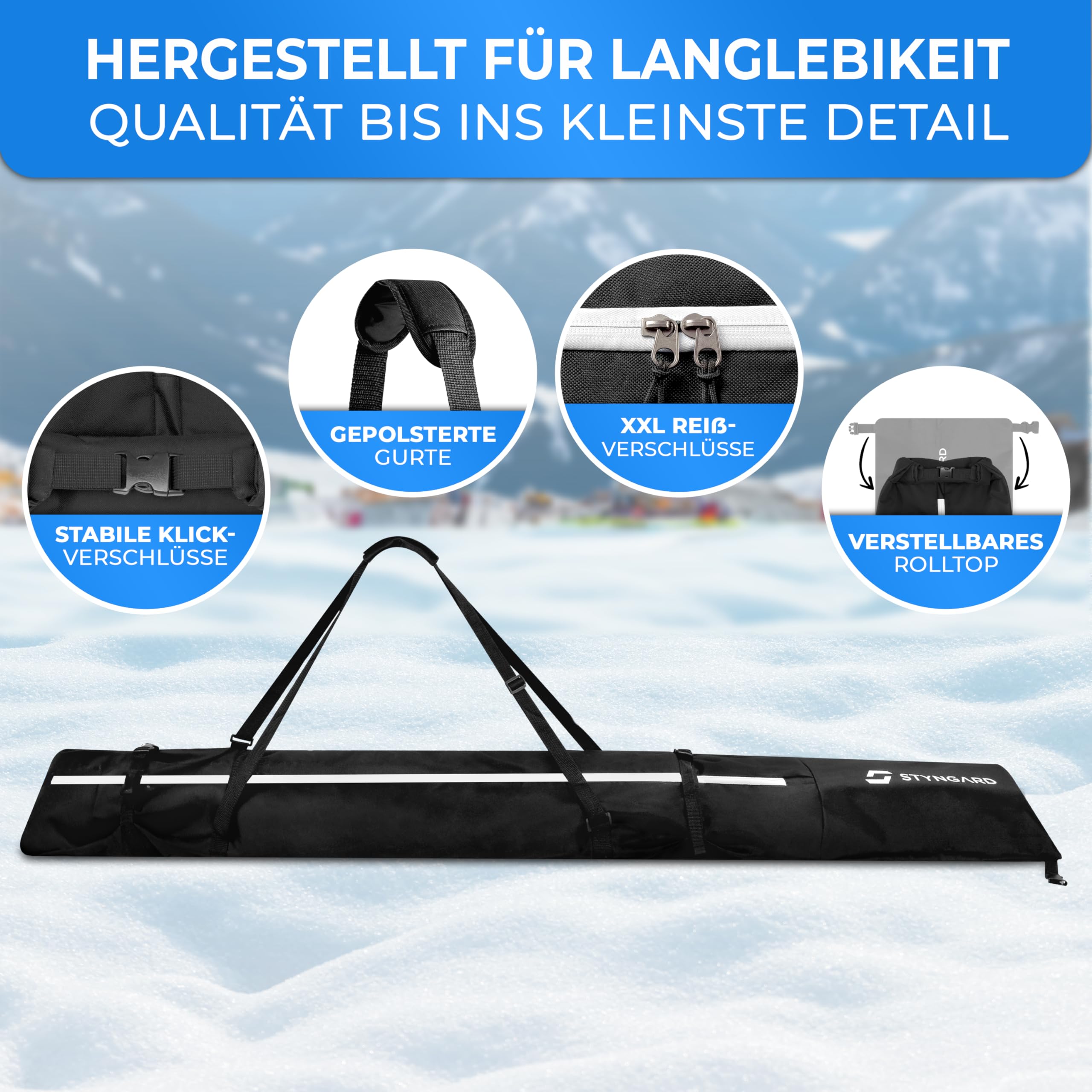 STYNGARD Skitasche mit Rolltop [140 cm bis 200 cm] - Skisack aus robustem Material mit hochwertigen Reisverschlüssen - Ski Bag Modell Helsinki