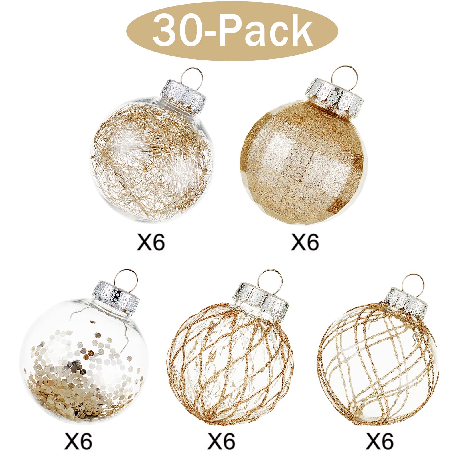 Juego de 30 Bolas de Navidad de plástico Transparente inastillables de 2.36 Pulgadas con Relleno Delicado Brillante, Decoraciones Colgantes para árbol de Navidad (Oro champán)