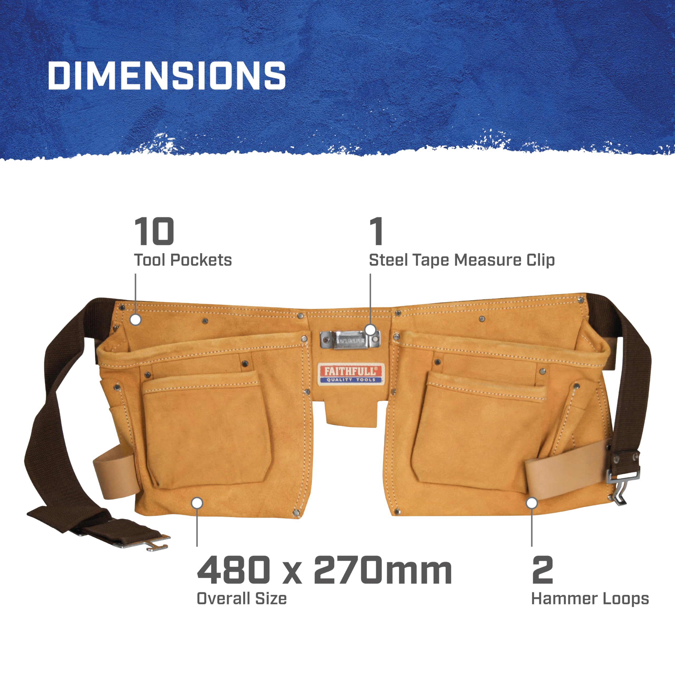 Pochette double Faithfull en cuir suédé pour outils et clous – Ceinture à outils 10 poches avec passants pour marteau et ceinture réglable (tailles : 74 à 117 cm) – Beige
