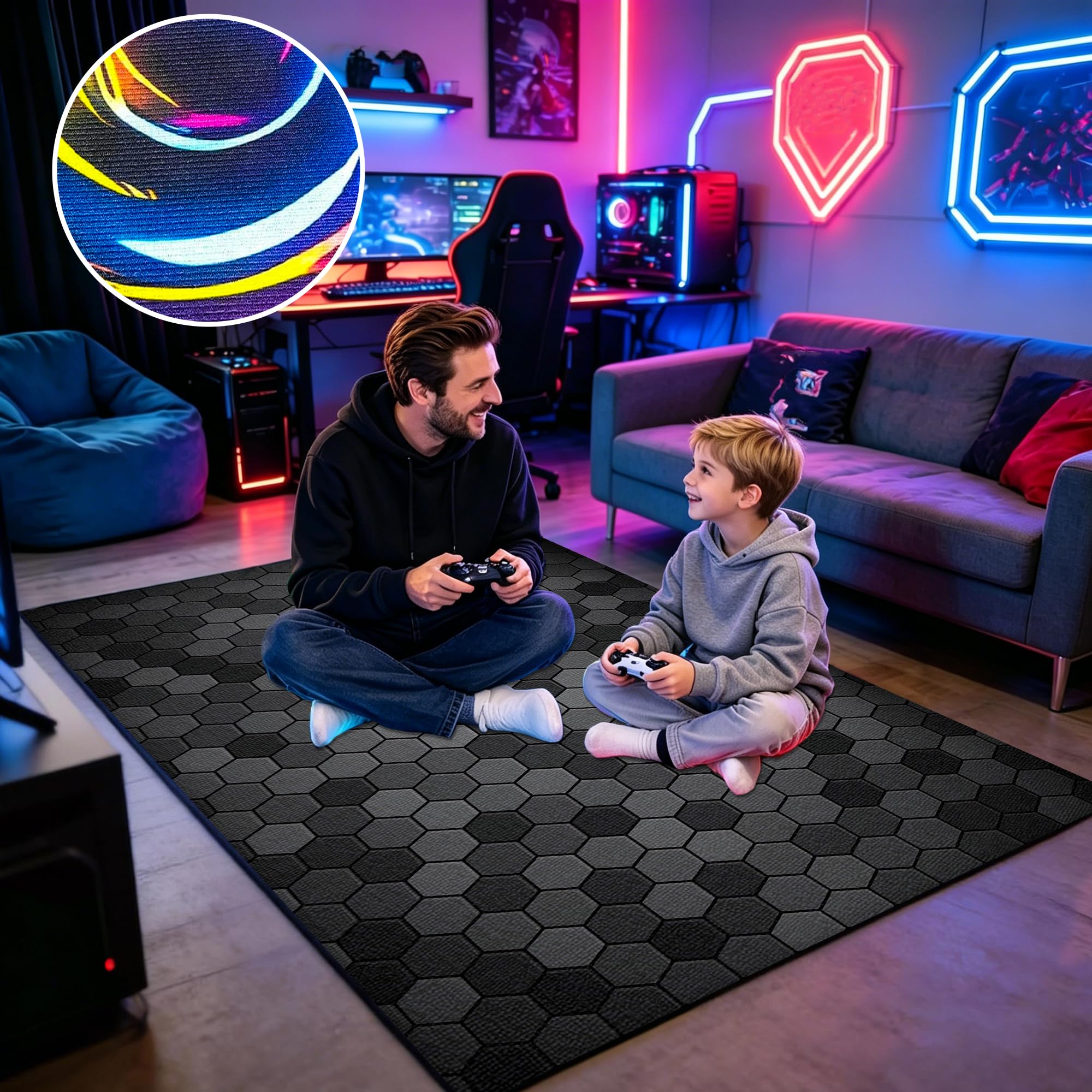 Tappeto Camera da Letto Ragazzo, Tappeto Gaming Pavimento, Stampa Geometrica Neon Gaming, Antiscivolo, Tappeto Zone Game 3D, Decorative Stanza Gaming 120 x 180 cm