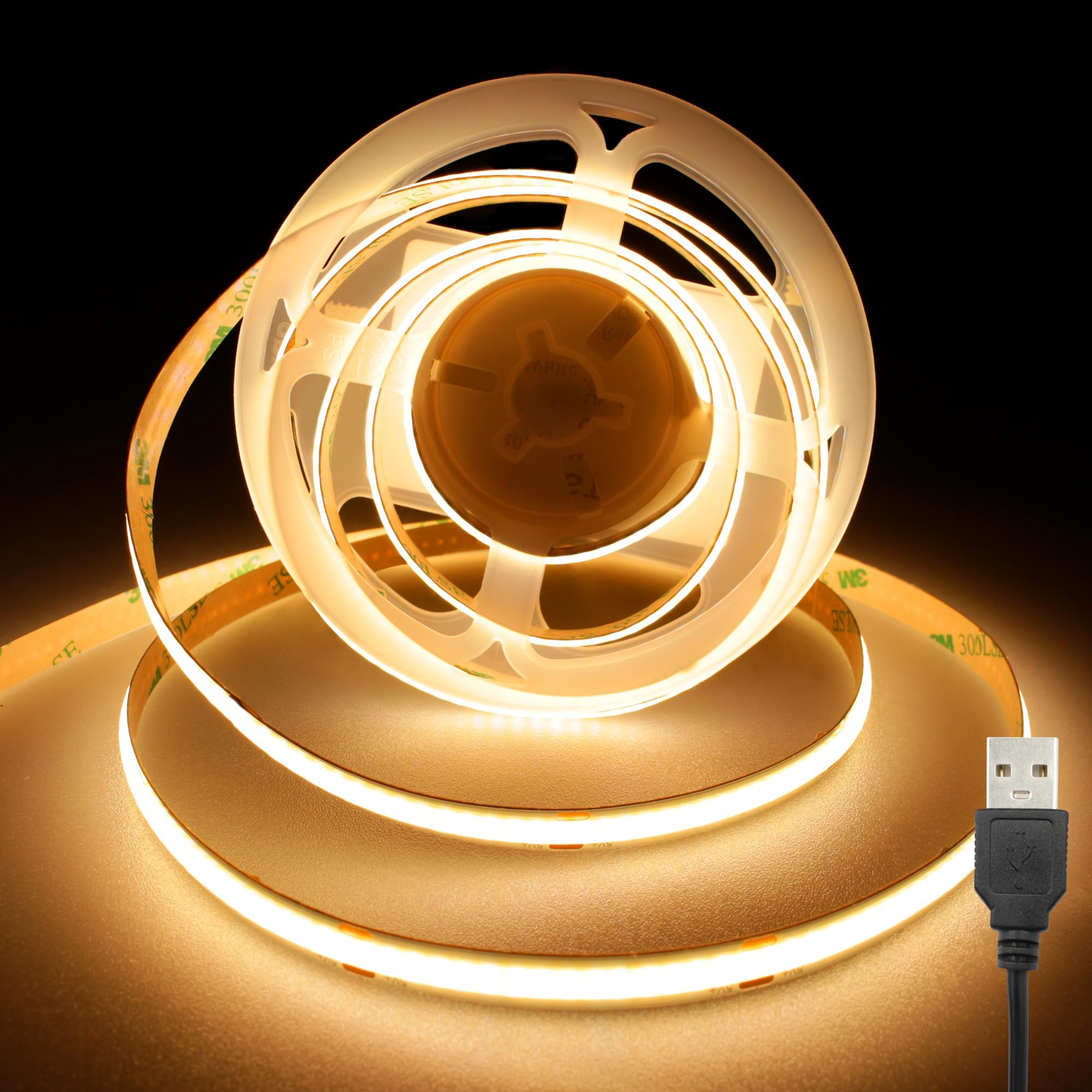USB COB LED Tape Light, 6.6 ft (2 m), 5V, Bulb Color, 3000K, High Brightness, High Density, Flexible LED Tape Light, Cutable, Easy Installation, No Tools Required, Non-Waterproof, For Shops, Indoors,