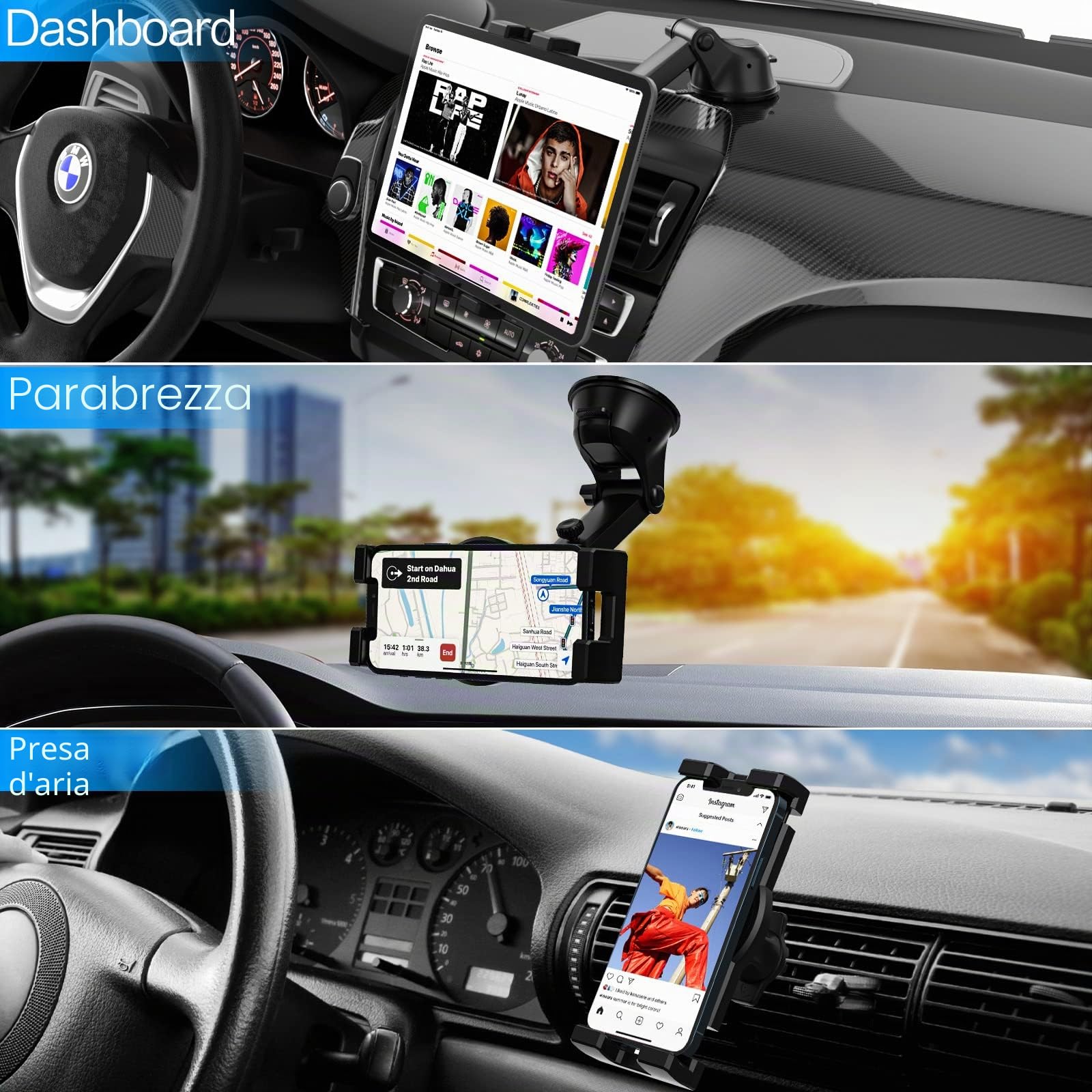 Supporto Tablet Auto, 3-in-1 Porta Tablet Auto Ventosa | Supporto Cruscotto Parabrezza Bocchetta Aria [Super Aspirazione & Stabile] per iPad Pro Air Mini, Galaxy Tabs, iPhone, 4-13"