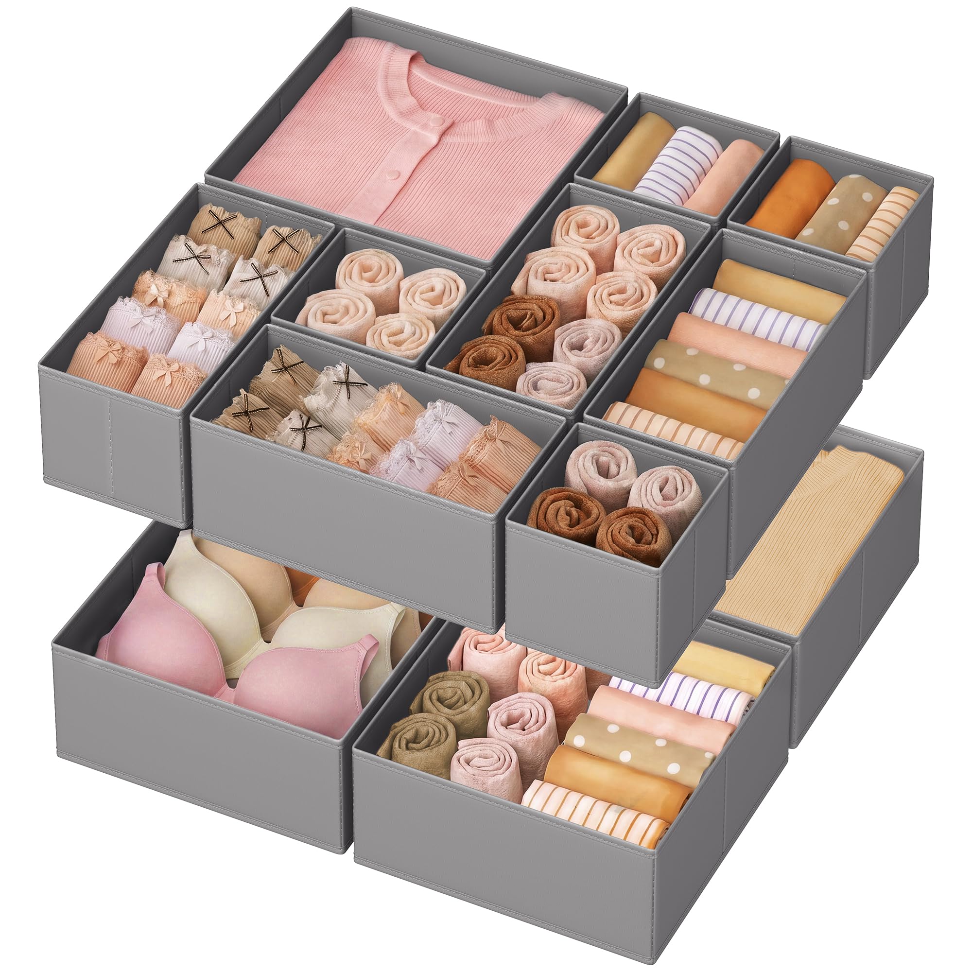 Songmics Dove Grey Drawer Organisers, Dresser Dividers, Set Of 12, Foldable Fabric Storage Boxes For Socks, Underwear, Bras, Ties, Scarves, Rdz006g02