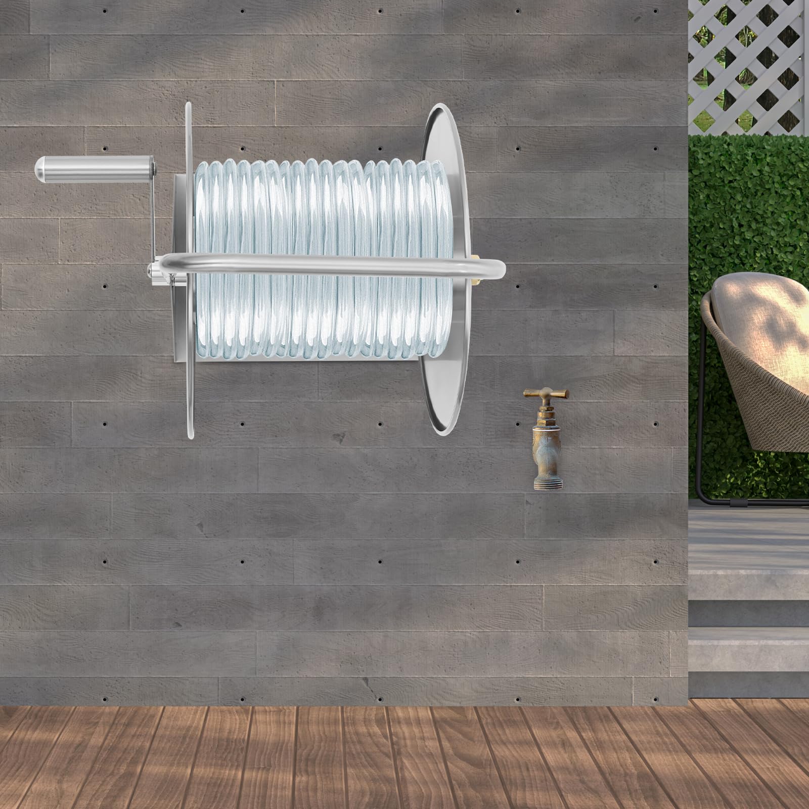 Edelstahl-Gartenschlauchtrommel für 50m Wasserschlauch,Schlauchtrommel für Schläuche bis 16*12mm Außendurchmesser*Innendurchmesser,Schlauchhalter,Gartenschlauchaufroller mit Handkurbel(Ohne Schlauch)