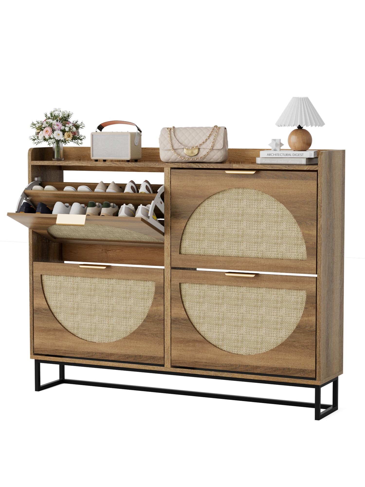 BonVache Shoe Storage Cabinet, Rattan Shoe Rack with Adjustable Shelves