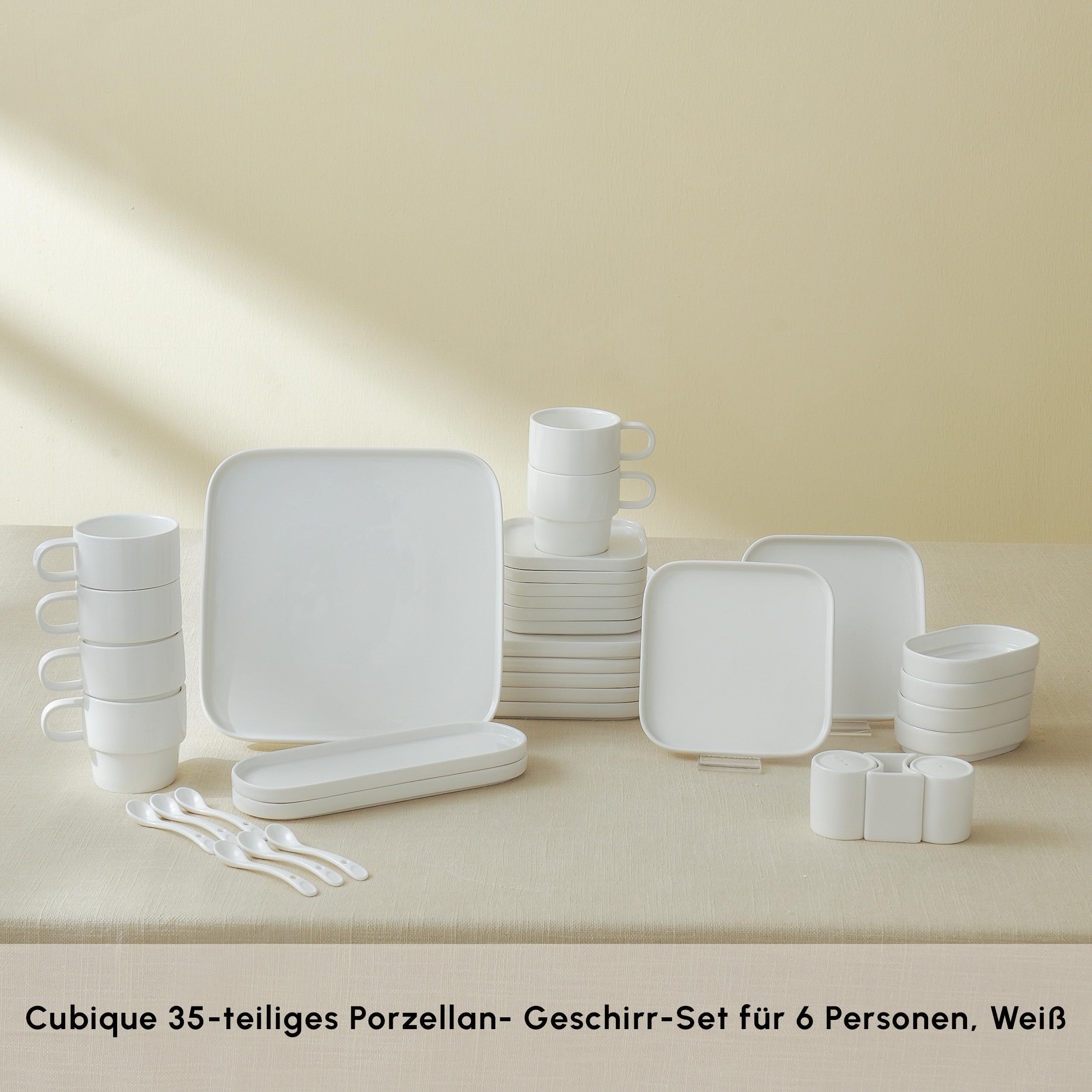 Karaca Cubique zestaw śniadaniowy, kwadratowy, 35-częściowy kubek do herbaty/kawy, serwis obiadowy, biały, 35-częściowy zestaw talerzy, porcelanowy serwis obiadowy dla 6 osób, zestaw zastawy stołowej