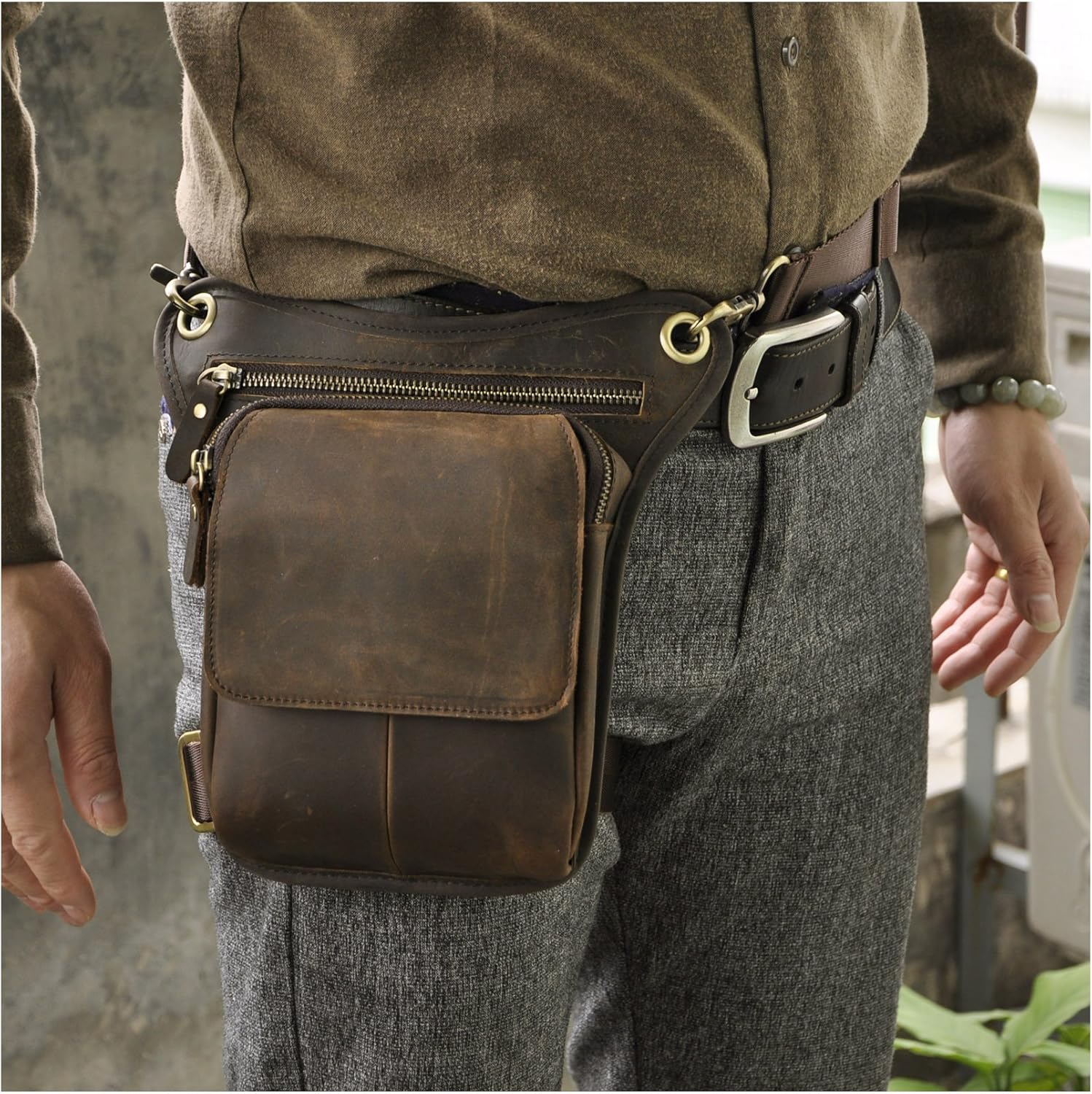 Le'aokuu Mens Genuine Leather Motorcycle Waist Pack Messenger Shoulder Drop Leg Bag - Image 2