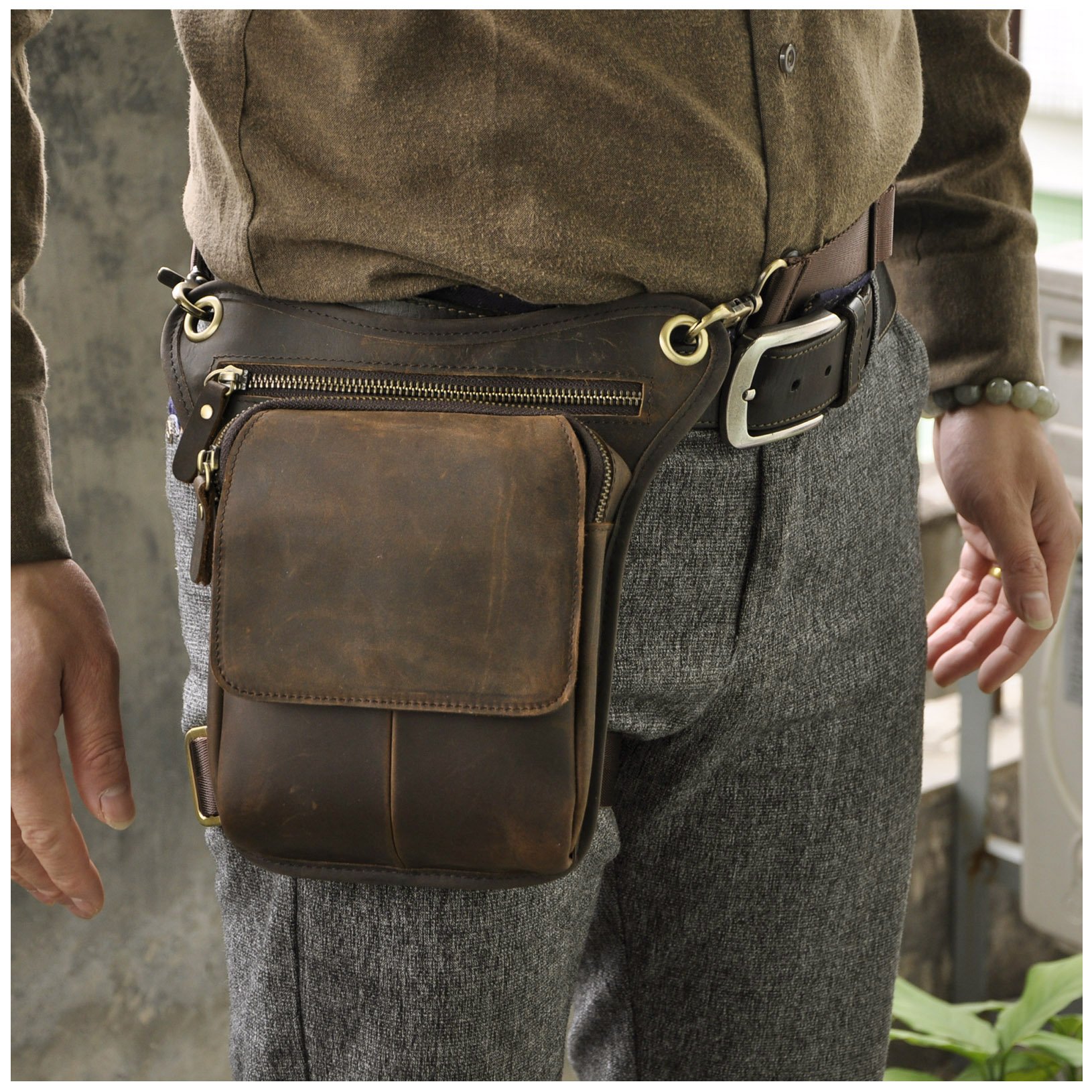 Le'aokuu Hombres Cuero Genuino Bolso Cintura Bolso Pierna Multifuncional Militar Táctico Bolsa de cardera Senderismo Deportes Camping 211-1 (1 211-1 A marrón)