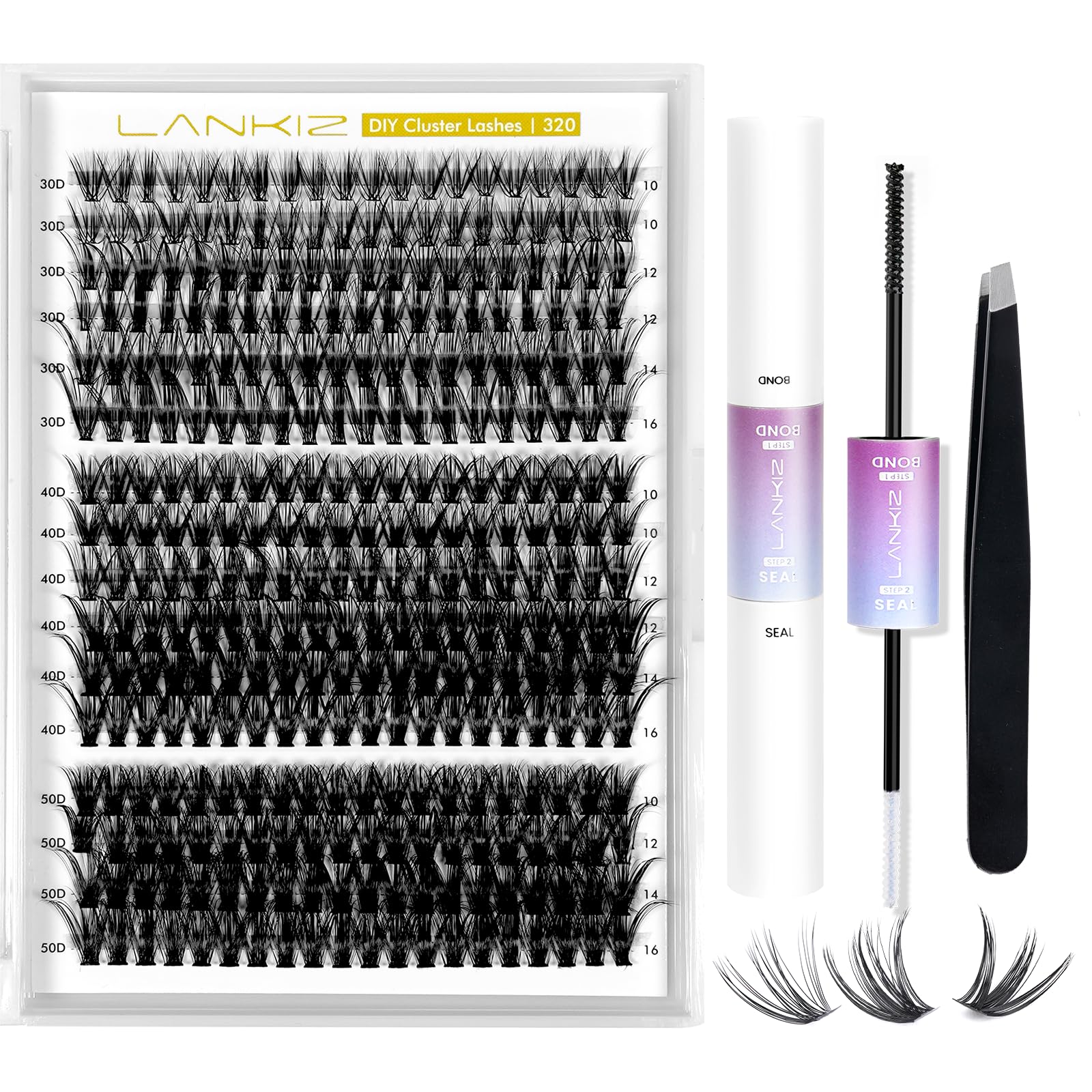 Zestaw przedłużania rzęs LANKIZ 320 szt. - Sztuczne rzęsy 30D + 40D + 50D Curl D 10-16 mm Mix, pojedyncze rzęsy z klejem i aplikatorem, profesjonalny zestaw wielokrotnego użytku dla początkujących