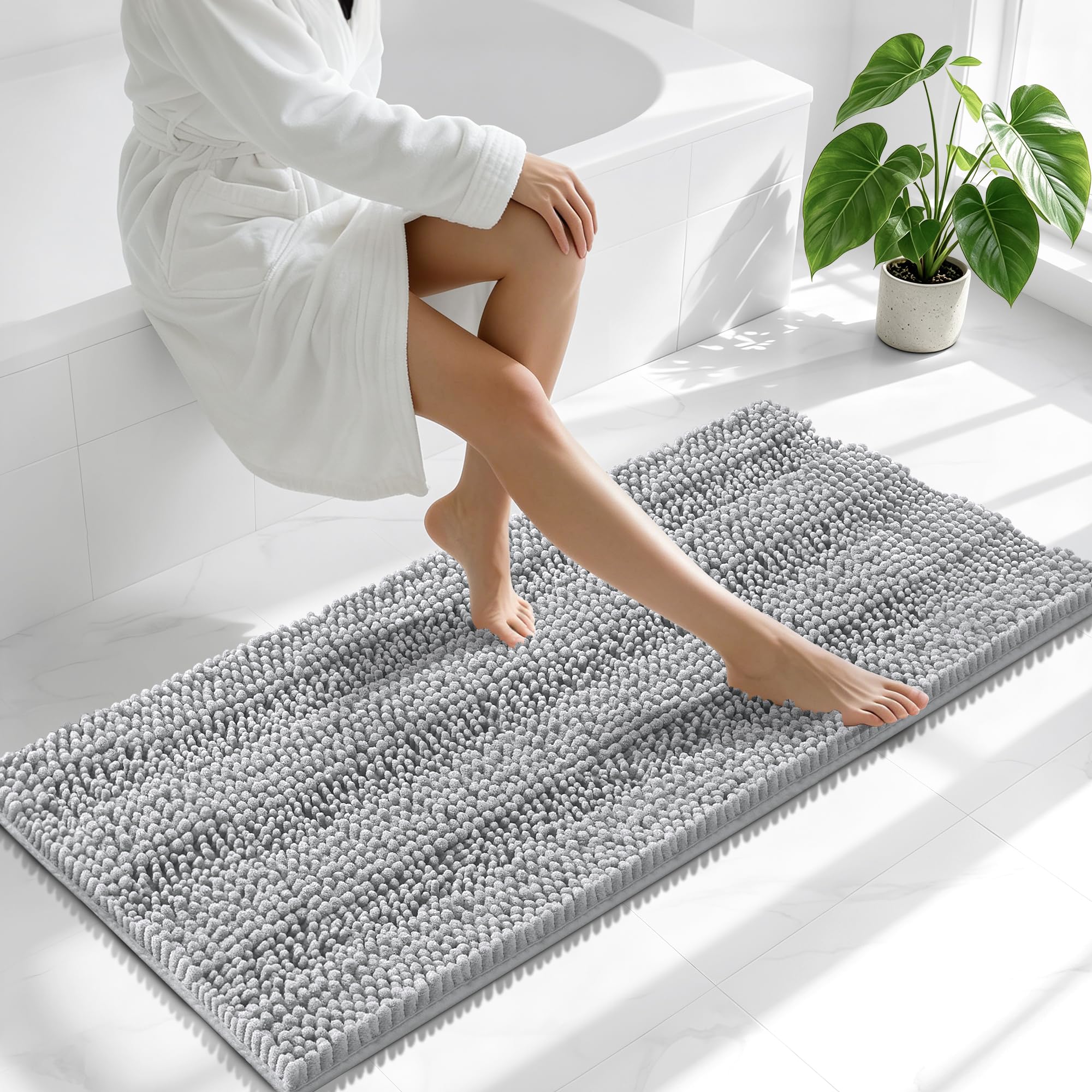 Smiry Thick Chenille Bathroom Runner Rugs 47x20, Soft Bath Mat, Light Grey