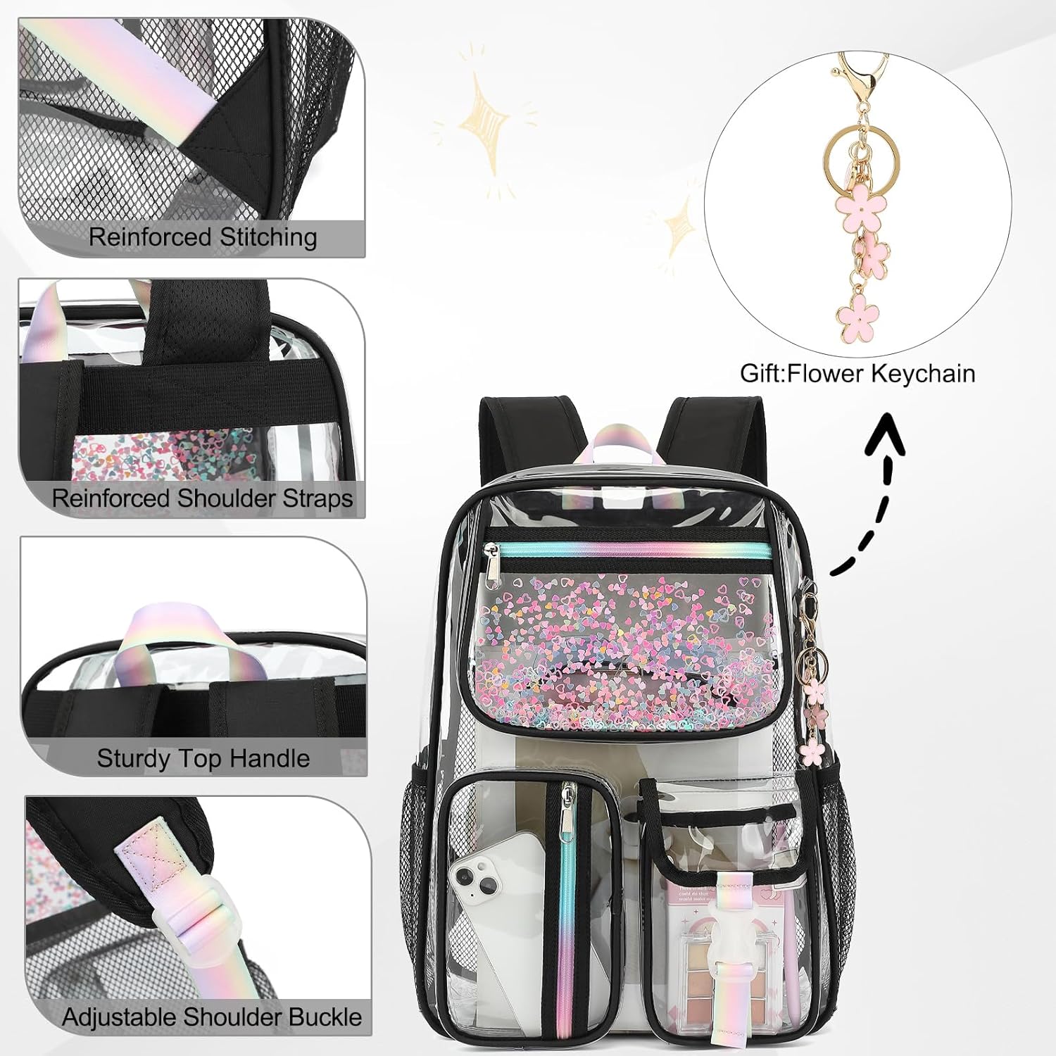 Clear Backpack for Girls Women, School Bookbag Heavy Duty See Through Backpacks (Black) - Image 4