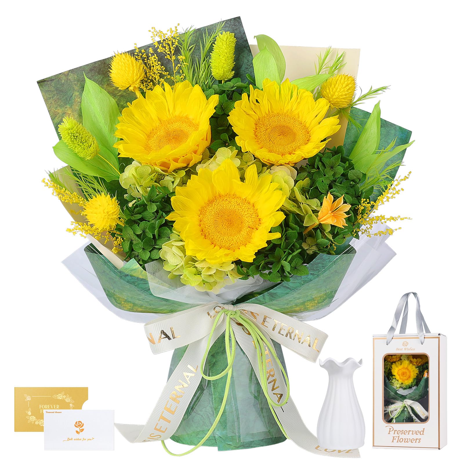 Ramo de Girasoles con Jarrón, Ramo de Flores Eterno, Flores Preservadas Reales, Regalos para Mujer, Esposa, Novia, Regalos para Ella en Cumpleaños, Aniversario, Día de La Madre (Girasol)