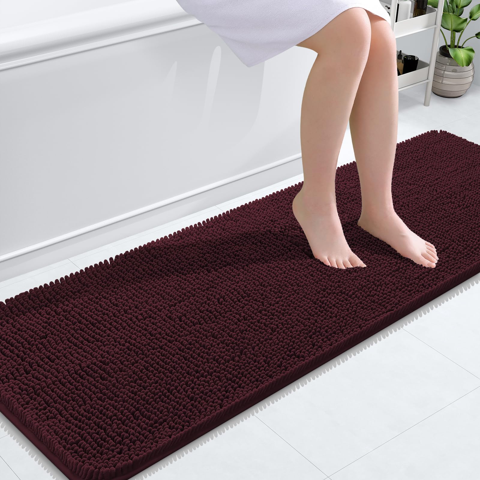 OLANLY Bathroom Runner Rugs 59x20, Extra Soft Absorbent Chenille Bath Rugs | Black Cherry, Quick-Drying Rubber Backing, Washable Long Bath Mat for Bathroom Floor, Tub and Shower, Home Decor Accessories