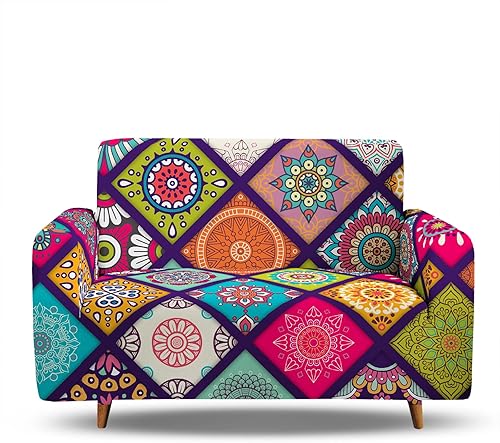 Hosima - Funda estampada con diseño de mandala para sofá de 2 puestos, funda protectora elástica con estampado de patrón floral y estilo bohemio