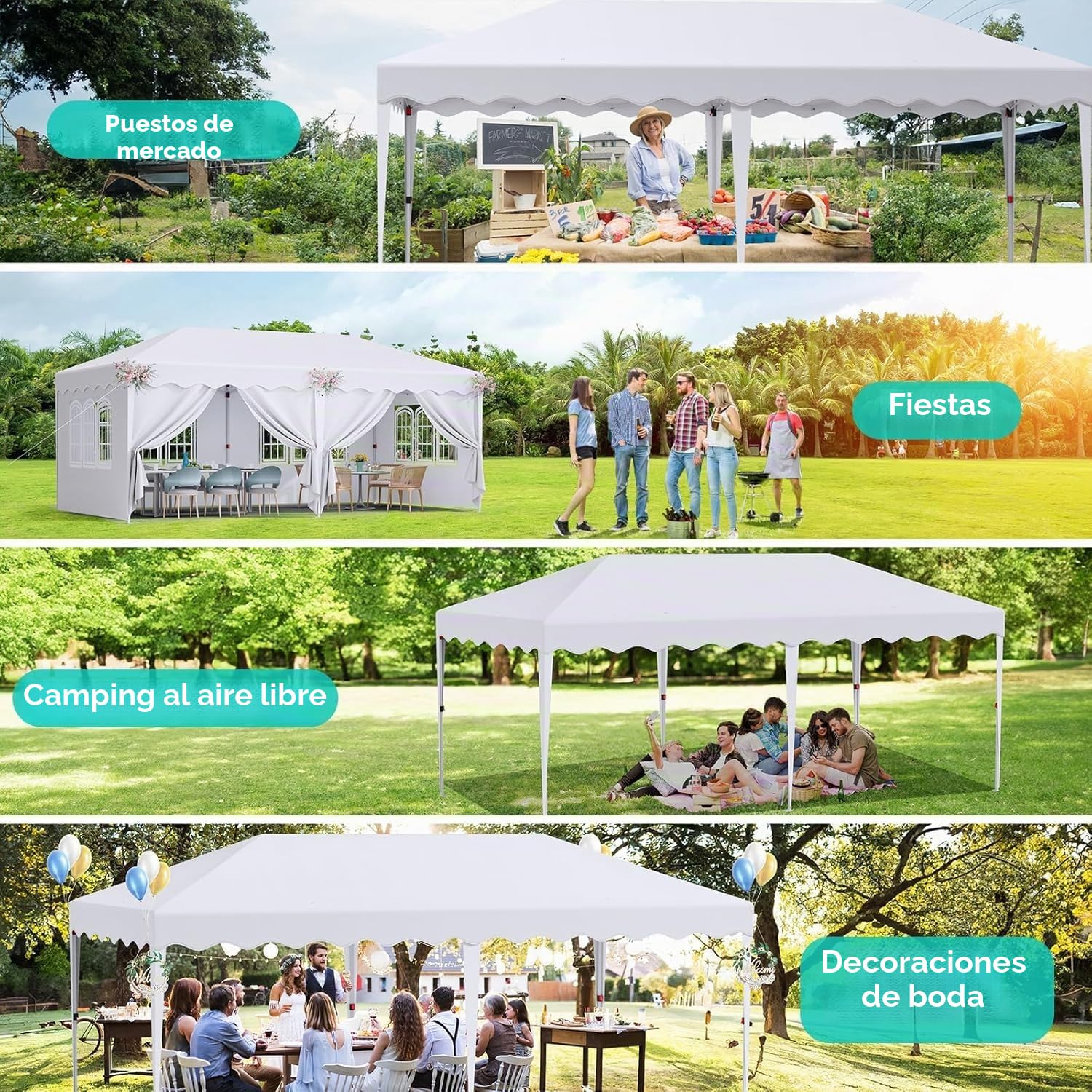 Carpa Plegable Pop-up 3x6M,Gazebo 3x6 con un Solo Empuje, Impermeable Pabellón de jardín con 6 Paneles Laterales, Tienda de campaña para Fiestas al Aire Libre, para Festival/Camping/Mercado, Blanco