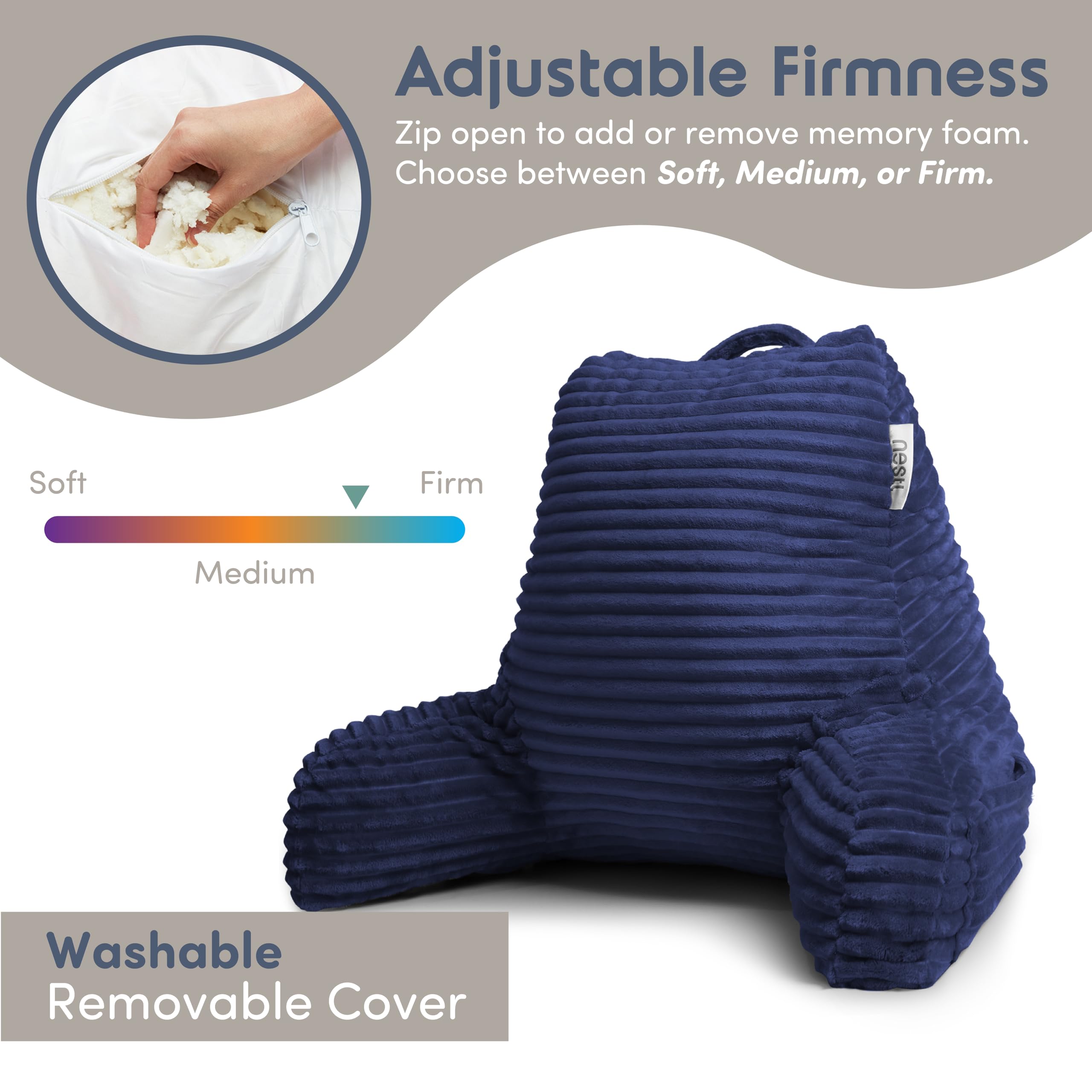 ComfortSpa Coussin de lecture pour lit adulte, coussin de dossier avec accoudoirs, poches et housse lavable; à utiliser comme oreiller de dos pour le lit assis pour le repos ou le soulagement