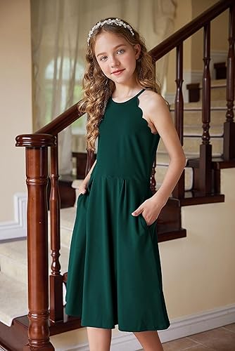 Miniatura 2 de Arshiner Vestido de niña con cuello halter, vestido de verano sin mangas, elegante, acampanado, bolsillos, vestido de fiesta