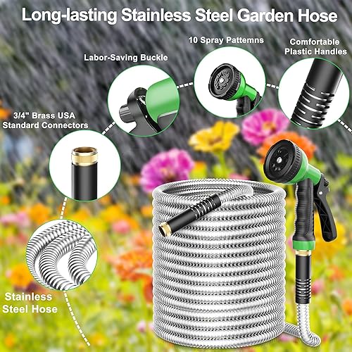 Miniatura 4 de Manguera de jardín de metal de 100 pies, manguera de agua de acero inoxidable a prueba de fugas con boquilla rociadora de 10 funciones, accesorios