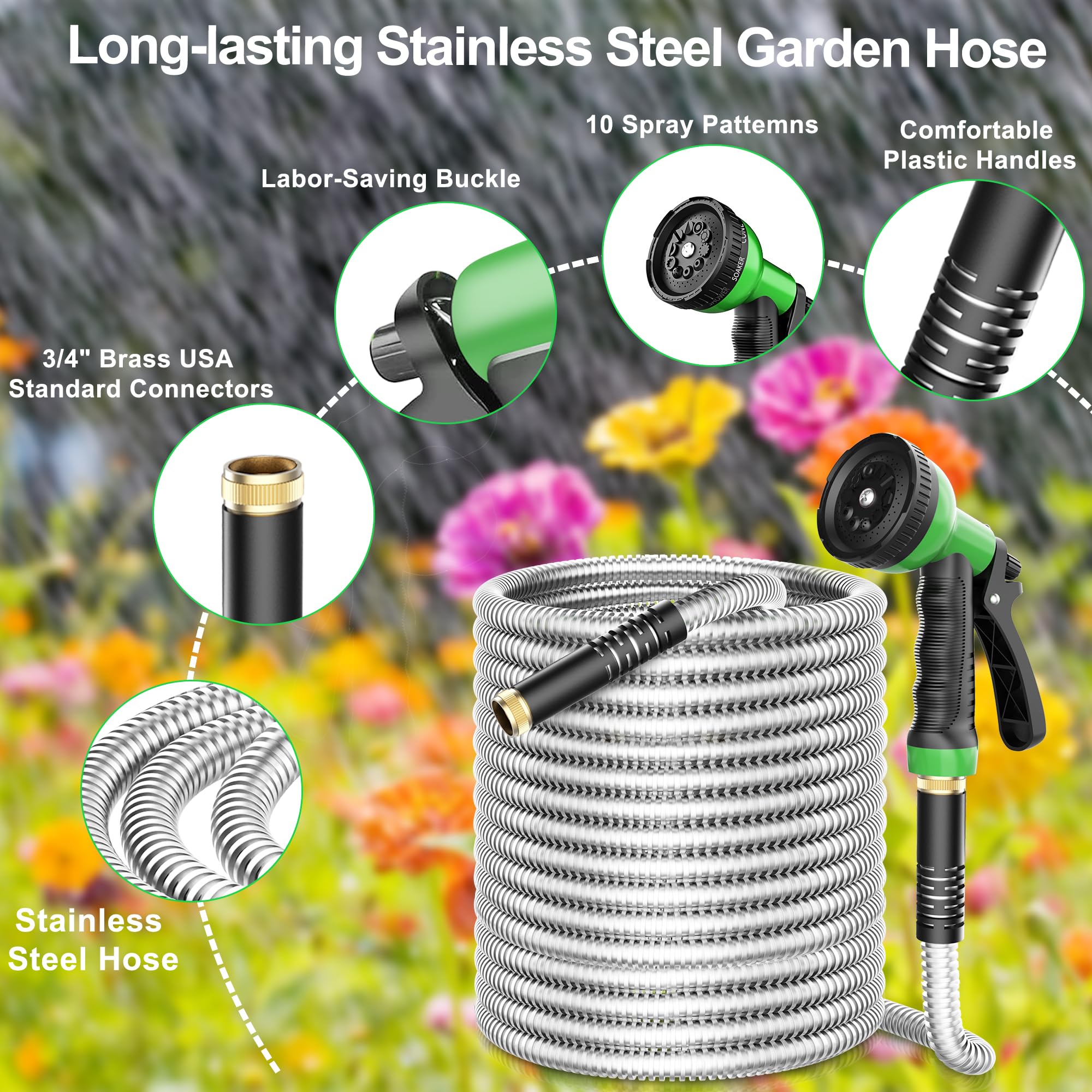 EONFAY Tubo da giardino in metallo, 15,2 m, in acciaio inox, a prova di perdite