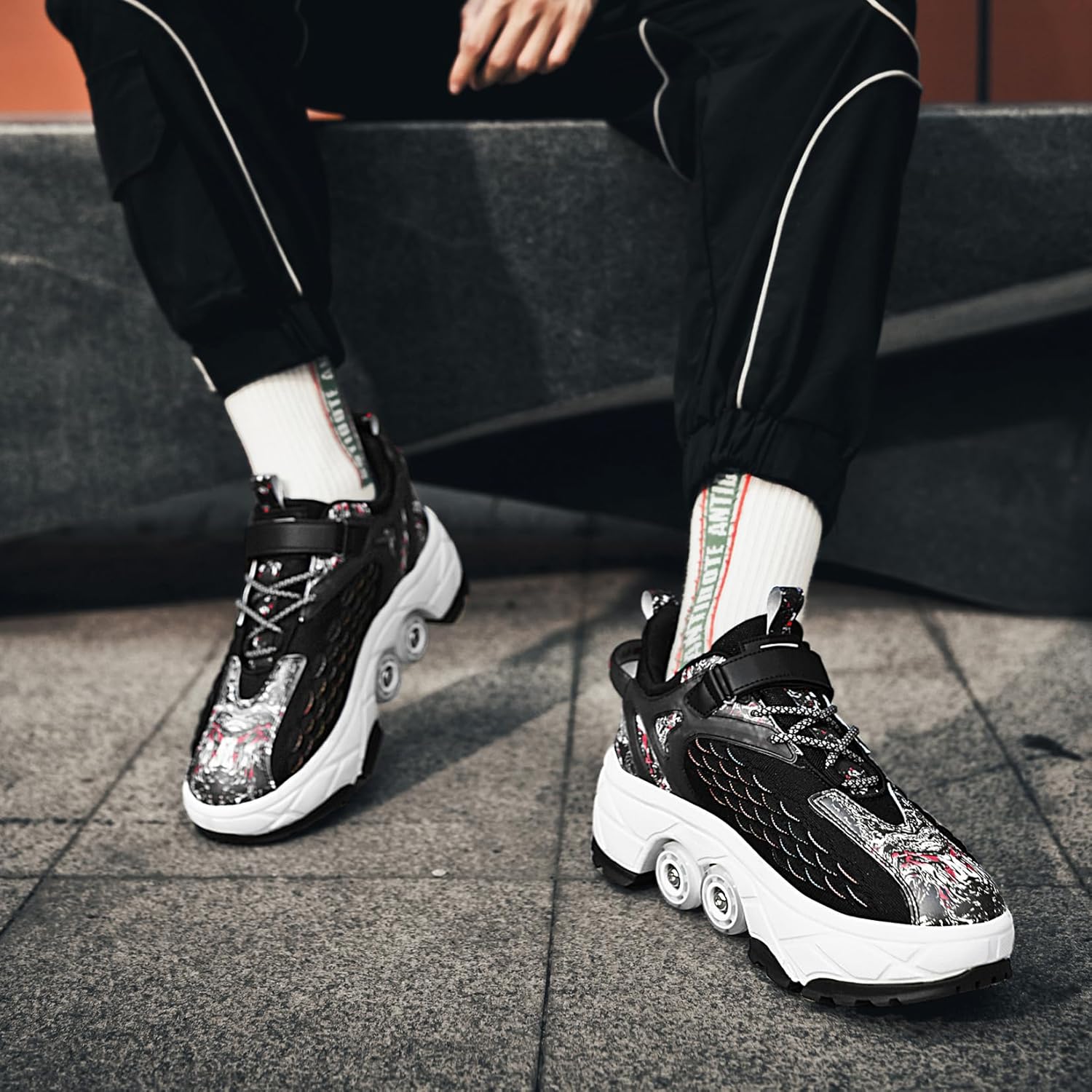 2 in 1 Deformation Roller Shoes, Roller Skate Shoes Outdoor with Detachable Brake Removable Pulley Skates Sneakers Skating Parkour with Wheels for Girls Boys