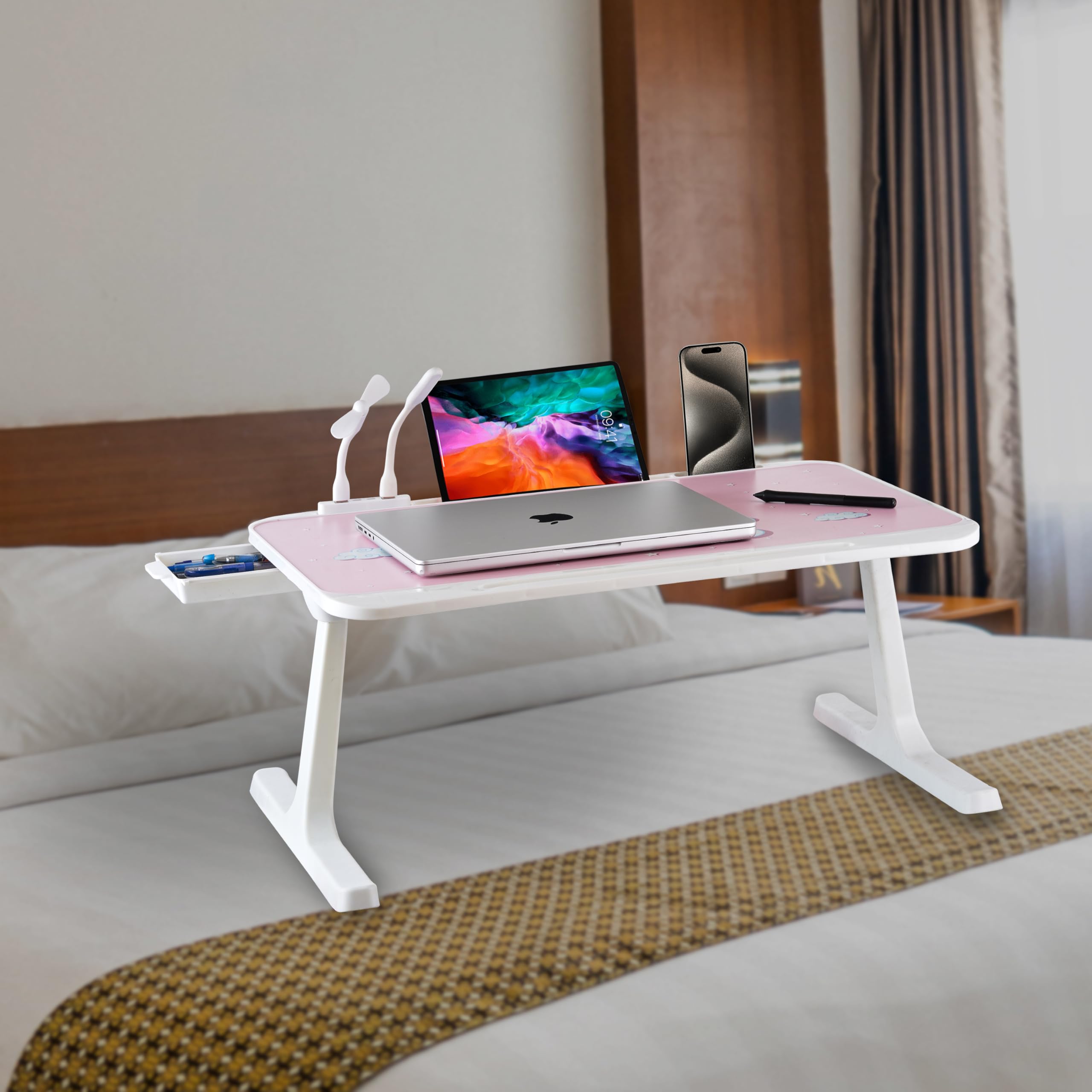 GoRogue Laptop Table for Bed & Sofa, Foldable Desk with Cup Holder, Drawer & Built-in USB Hub with Free Mini Fan, LED Lamp (Pink)-picture-23