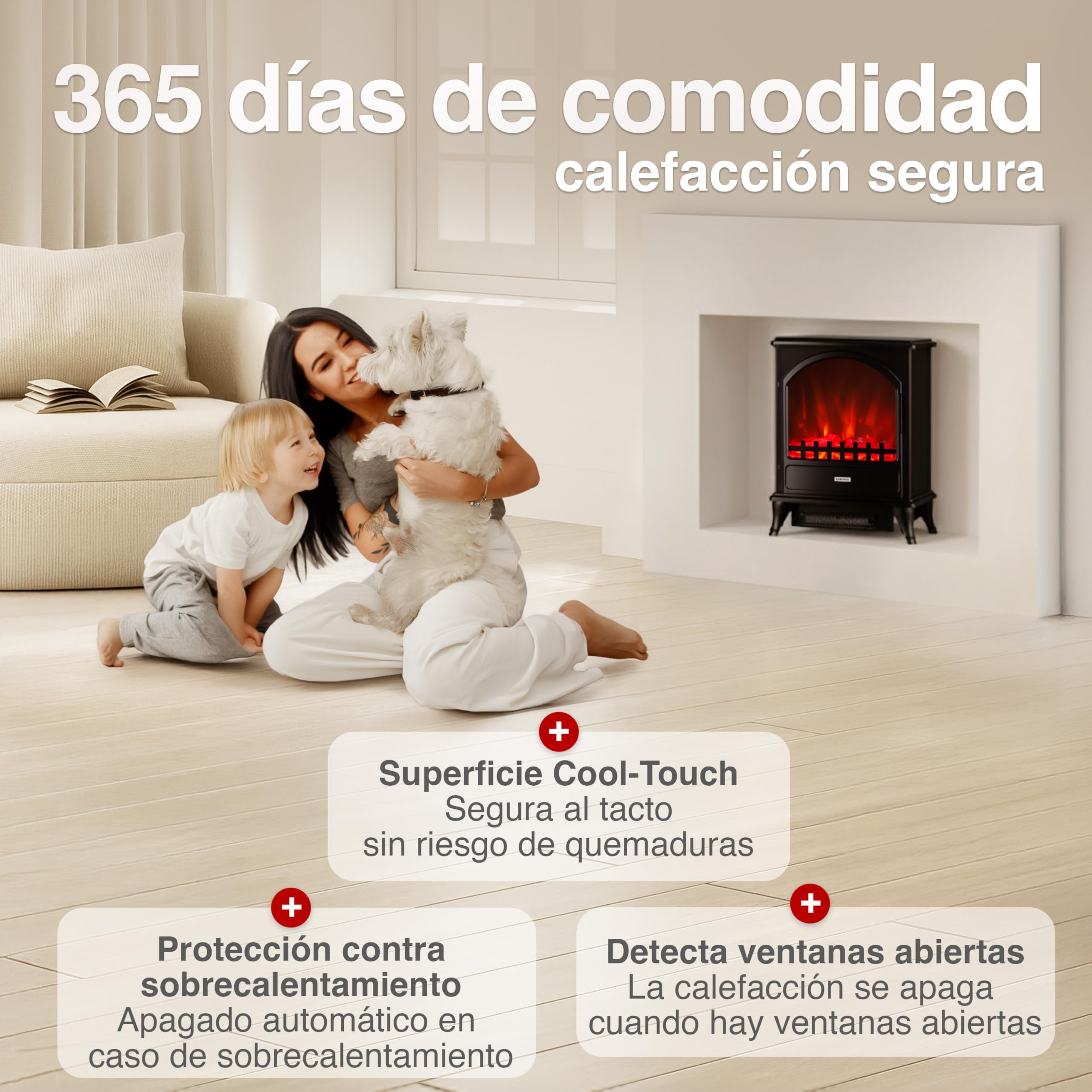 KAMINIO Chimenea eléctrica Leni - Estufa con calefacción, Efecto Llama 3D (Negro)