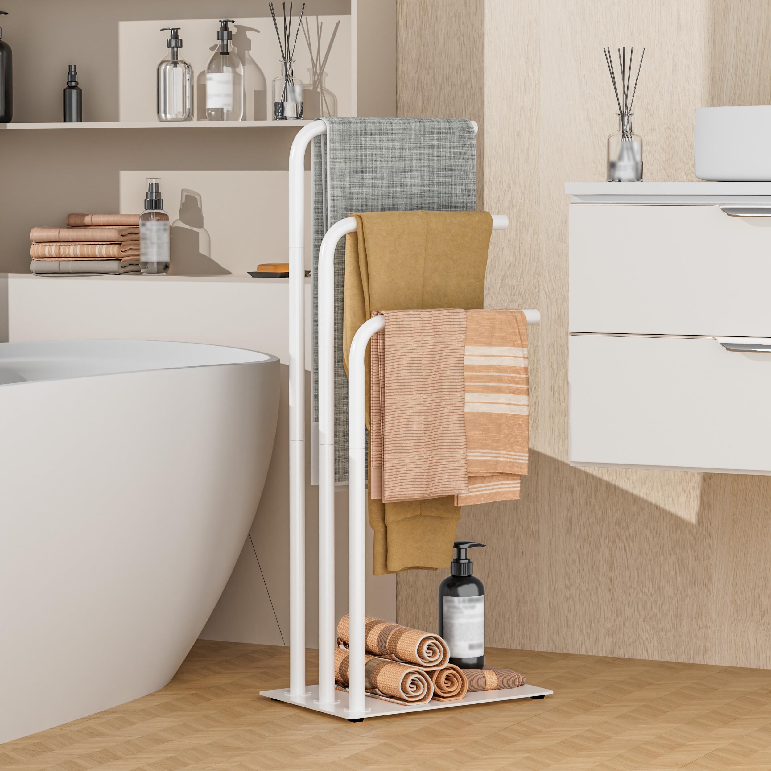 OUTBROS Porte-Serviettes sur Pied,3 Tubes en Acier Suspendus,Convient pour Les Chambres De Salle De Bains,Porte - Serviettes Salle De Bain,39x26x90cm,Blanc,EYJ108W